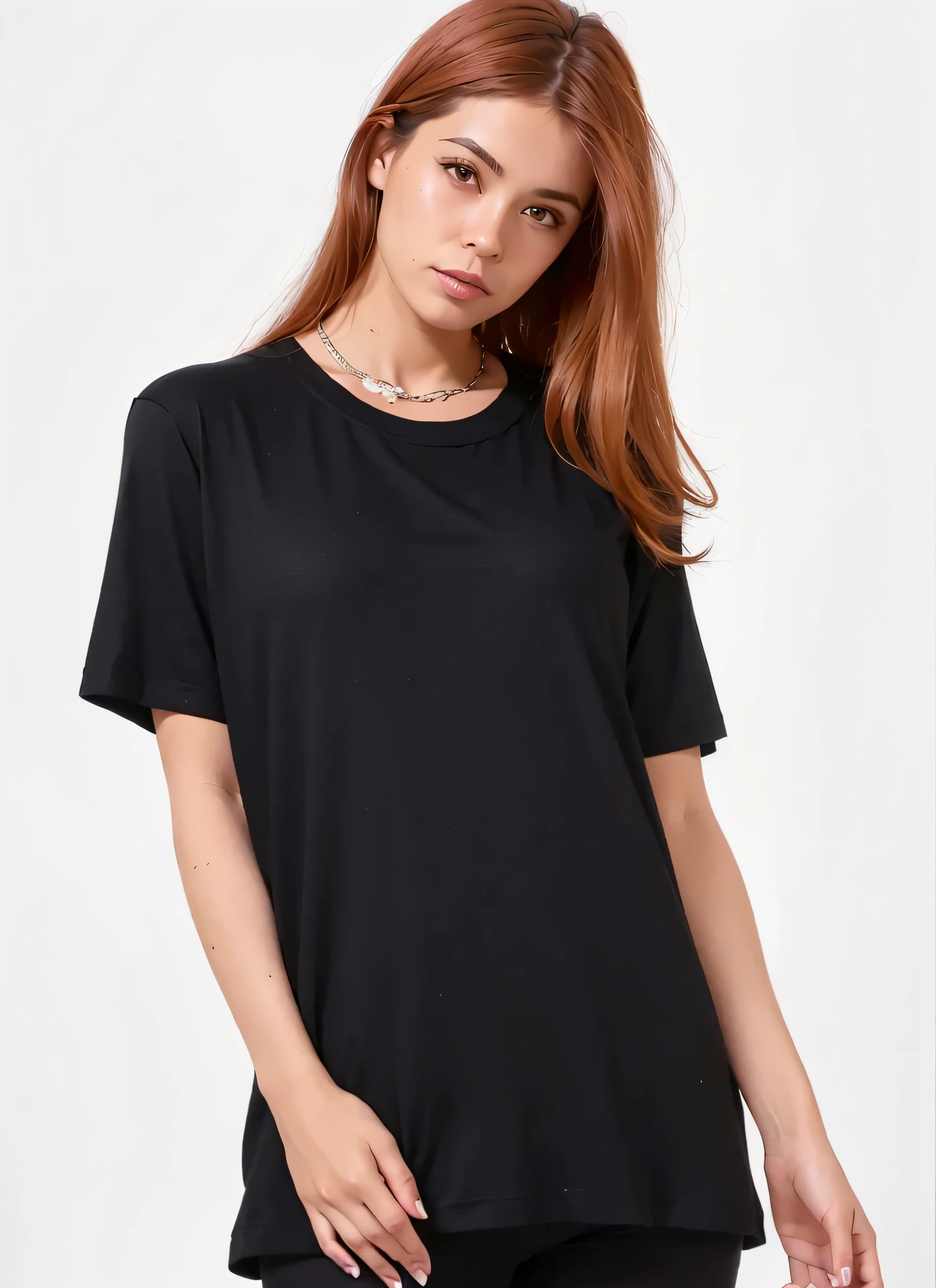 a woman in a black top and black pants posing for a picture, wearing a black t-shirt, wearing a black tshirt, black t shirt, wearing black tshirt, black t-shirt, black t - shirt, black shirt, casual black clothing, wearing a black shirt, black top, he is wearing a black t-shirt, modern casual clothing