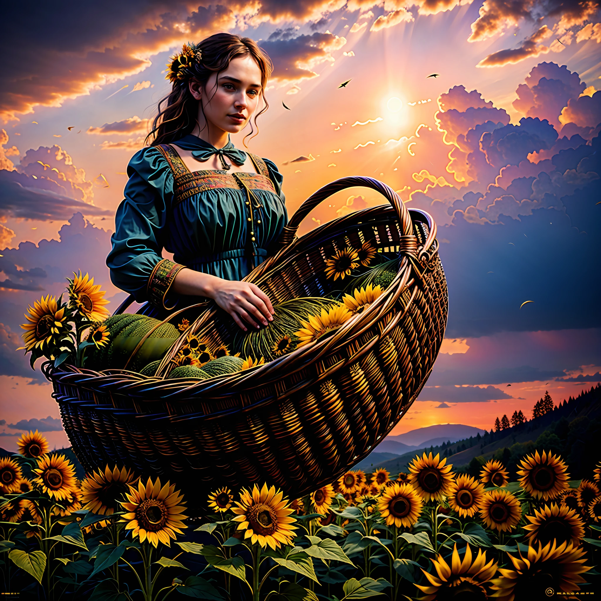 wide angle graffiti of a peasant woman holding a basket from which (thousands of sunflowers) flying and falling from the sky, (swirl of sunflowers) emerging from a peasant woman's basket, grotesque, ful body shot, cinematic lighting, high resolution, insane details, intricate details, hyperdetailed intricately detailed ultra realistic art trending on Artstation triadic colors Unreal Engine 5 detailed matte painting, deep color, fantastical, intricate detail, splash screen, complementary colors, fantasy concept art, 8k resolution, ultra realistic deviantart masterpiece, (dark shot:0.9), soft cinematic light, adobe lightroom, photolab, hdr, intricate, highly detailed, eonn2, mdjrny-grfft, dmmid style