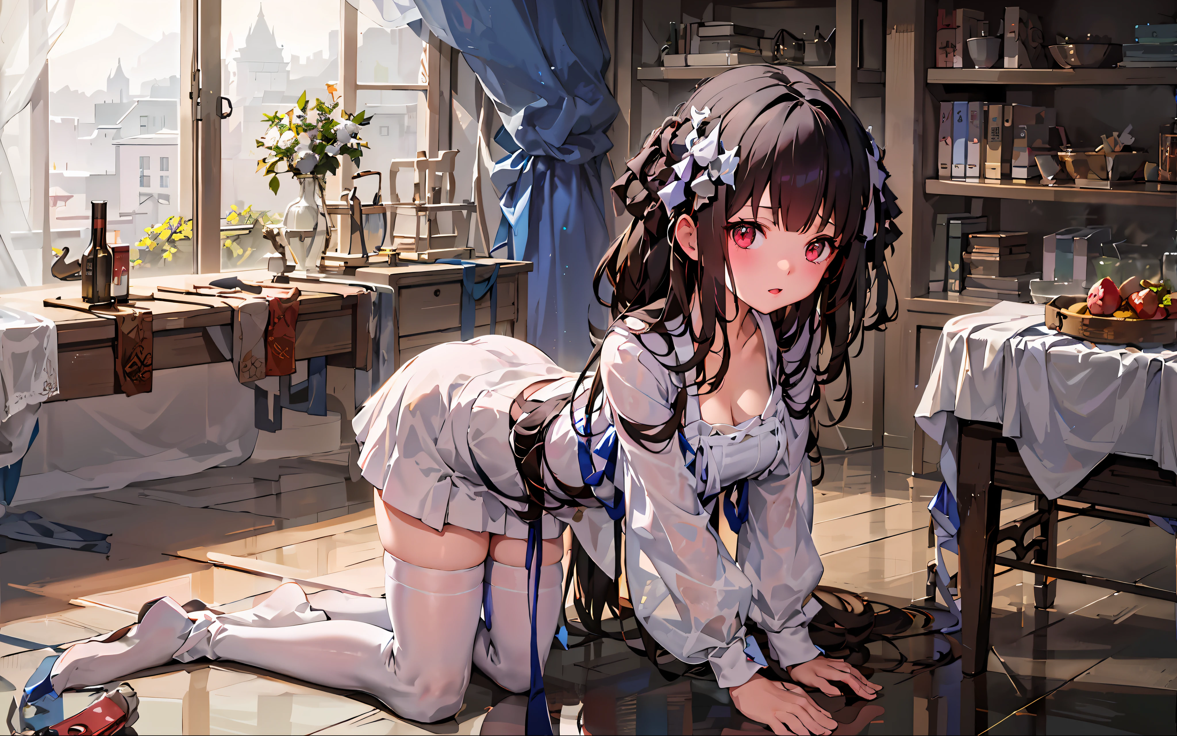 anime girl in a white dress kneeling on the floor, small curvy loli, the anime girl is crouching, beautiful anime girl squatting, anime girl in a maid costume, loli in dress, seductive anime girl, guweiz on pixiv artstation, cute anime waifu in a nice dress, gorgeous maid, guweiz on artstation pixiv