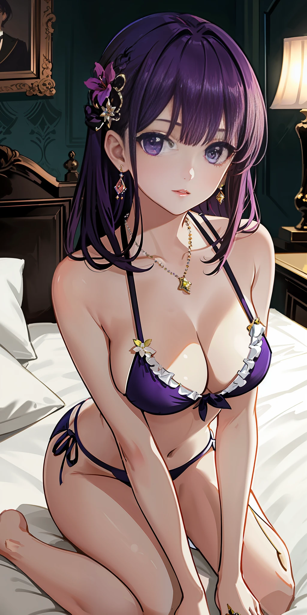 bangs,blunt_bangs,messy_hair,hime_cut,purple_hair,purple_eyes,looking_at_viewer,hairclip,hair_flower,hair_bow,earrings,necklace,swimsuit,side-tie_bikini,high_heels, side-tie bikini bottom, full body, bed, lying on the side of the bed, top buttons open, V-shaped back, exposed back, bare shoulders, action side recline, big breasts, highest quality, masterpiece, masterpiece, extreme detail, exquisite facial features, exquisite hair portrayal, delicate eye portrayal, jewel-like eyes, peerless beauty, 4k picture quality, beautiful and brilliant light and shadow, side light, extremely fine, extremely beautiful, extremely delicate eyes, 8k_ wallpaper, best illustration, Extremely delicate luminescence, super fine, depth of field, fine details, extremely detailed CG, exquisite lighting, extremely detailed eyes beautiful face, stunning, masterpiece, movie lighting, official art, masterpiece, delicate hair, detailed eyes, light and shadow effects, volumetric lighting, face close-up, strong chiaroscuro, close-up, rich detail, gorgeous background