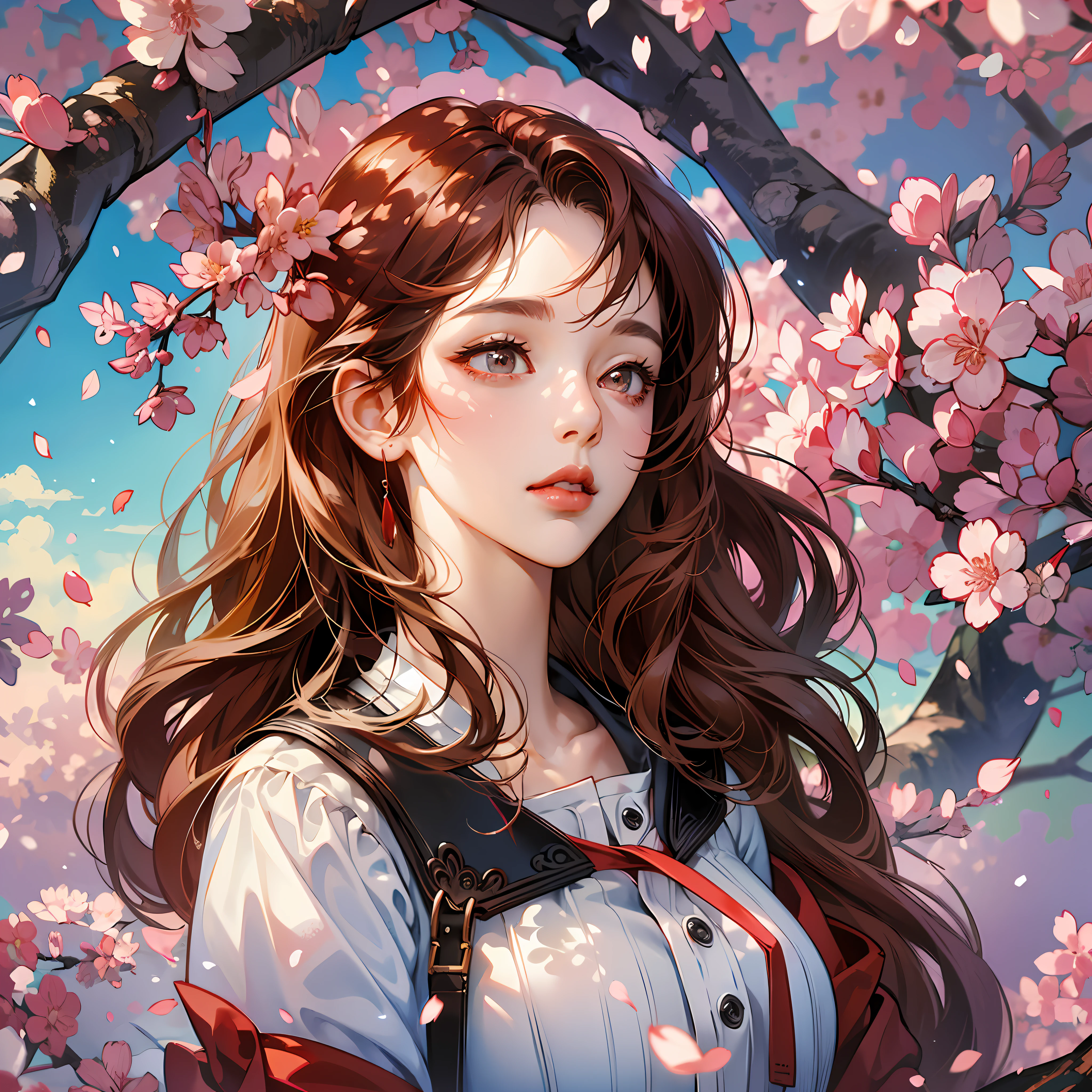 (Masterpiece), (Best Quality: 1.0), (Ultra High Resolution: 1.0), Detailed Illustration, 8k, Anime, 1 Girl, Beautiful Anime Girl, In Sare, Wearing Red Sare, Beautiful Pose, Beautiful Face, Detailed Face, Detailed Face, Beautiful Eyes, Detailed Eyes, Red Lips, Red Lipstick, Slightly Brown Hair, Hair Highlights, Standing, Open Sky with Clouds, Cherry Blossom Tree, Cherry Blossom Petals, Cherry Blossom Petals Flowing in the Air, Particle, Detailed, Intricate, Anime Style, --auto --s2