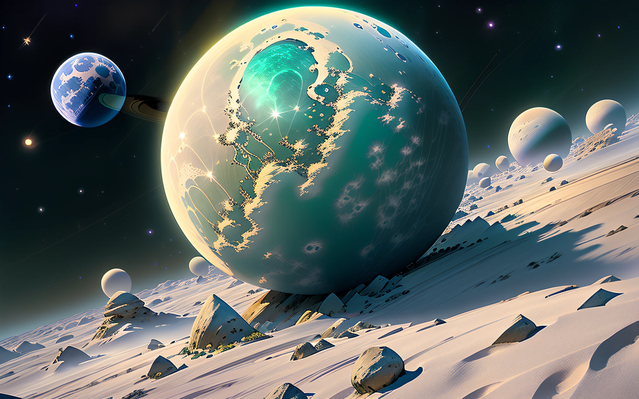 Green moon, planet Saturn anthill, glowing stars background, sphere shape, game design, high resolution, fantasy magic 3