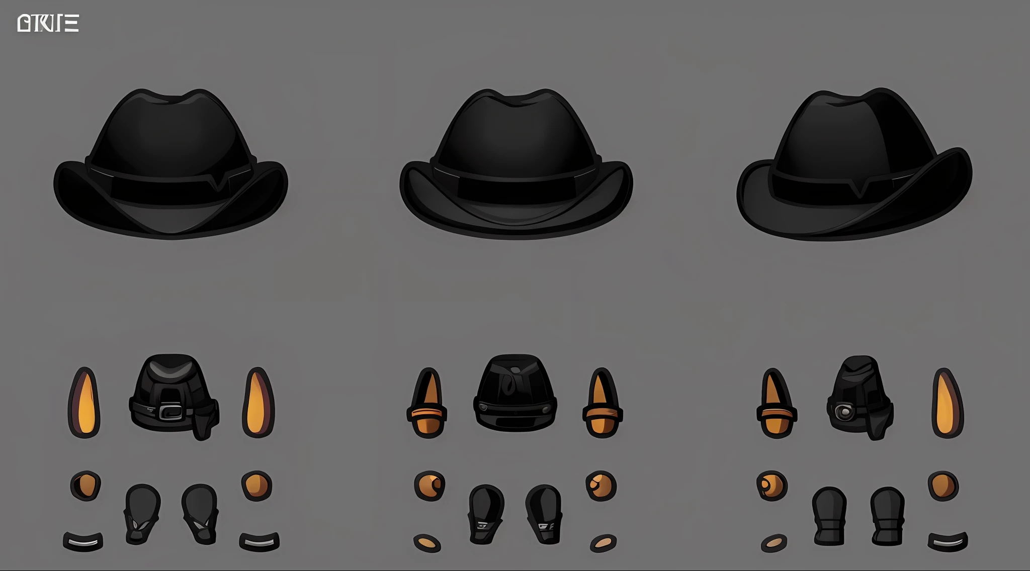 4D, 3 View, Set of Sprite Assets, (Black Edge Line: 1.2), PSD Sprite Sheet, 2D Sprite Asset Table, Sprite Table, Black Detective and Fedora Hat, 2D Game Asset, Fedora Hat, Tip His Fedora Hat, Sprite Watch, Game Concept Art Sprite Sheet, VFX Sprite Watch!!!!!