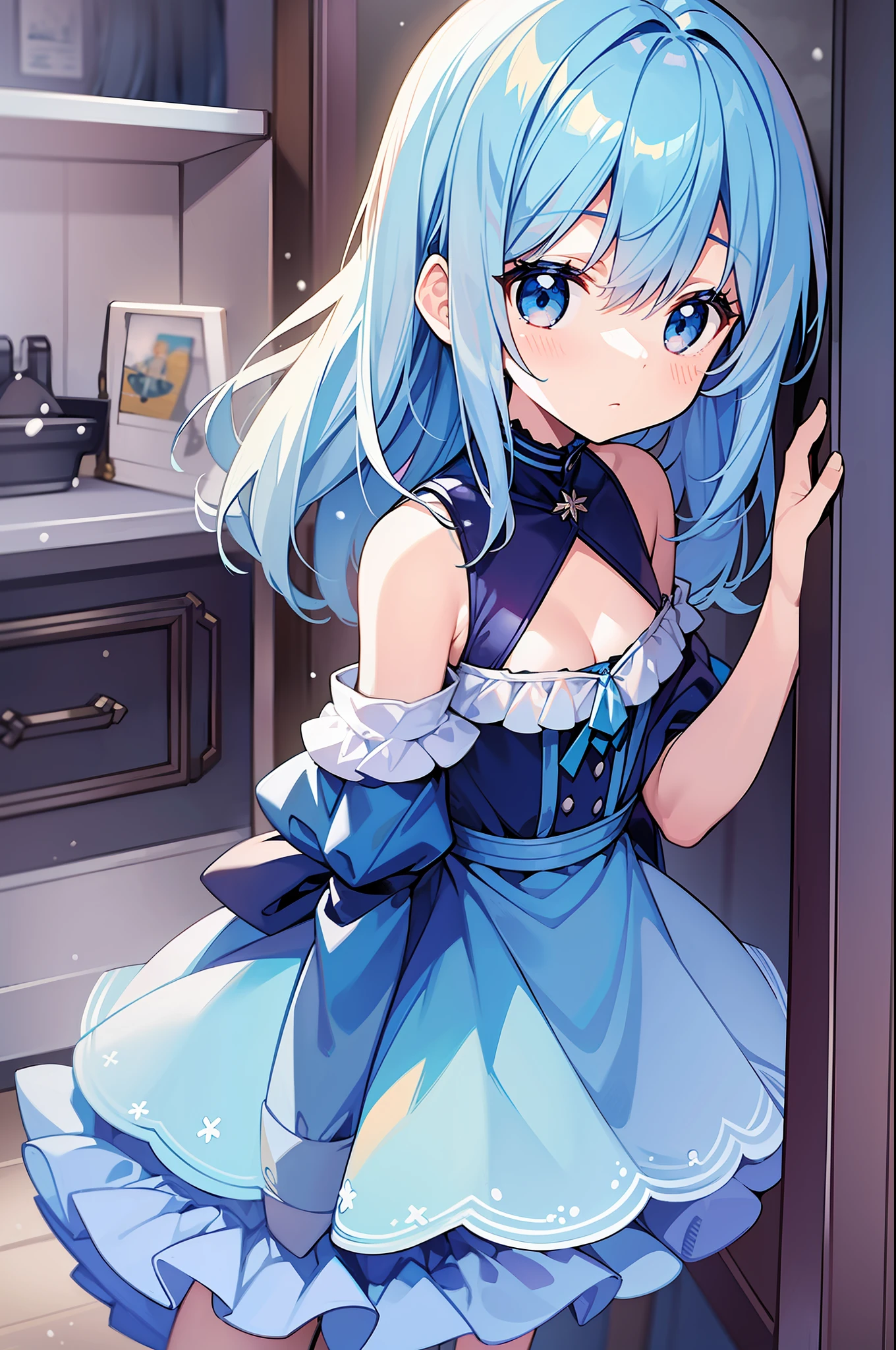 (MASTERPIECE), (Best Quality), (Super Detail), Official Art, One Girl, Lori with Pale Light Blue Hair, Petite ***********, Lori, Navy blue and blue and silver dress, Sleeveless, Small, Very Small, Small, Cleavage, Thigh Focus, Card Illustration, Snow Field