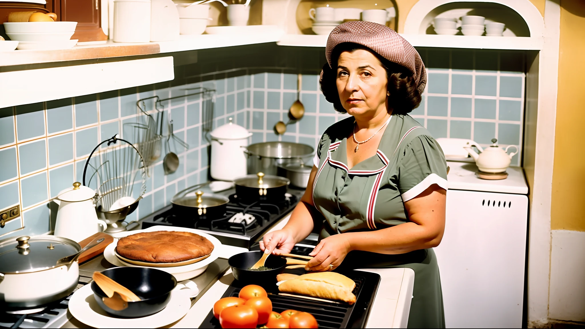 directed by Francis Ford Coppola) ,(Prompt B:Film still),(Prompt C: cooking in a typical Sicilian kitchen),(Prompt D: typical Italian nonna),(dark lightning:1.2),(1950's style),(Dark colors:1.2)