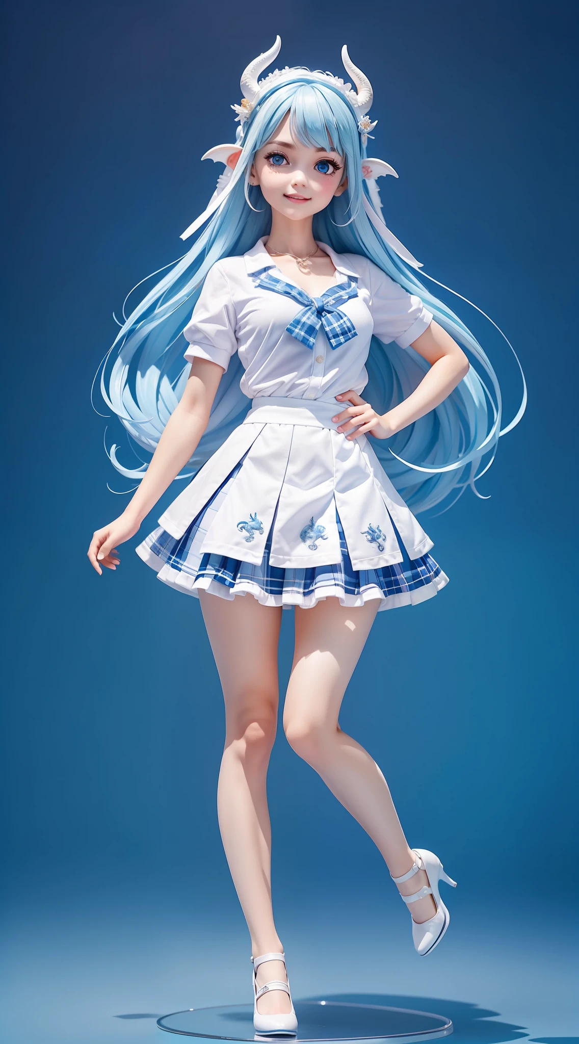 1girl, (anatomically correct), full body, (white shirt:1.1), (plaid skirt: 1.1), school sportswear, white lace skirt, blue stockings, blue high heels, broken [blue: pink: 0.5] theme, (gradient background: 1.1), long hair, ((dragon horn)), blue eyes, smile, delicate headdress, clay texture, blind box toy style, sideways, panorama, (masterpiece: 1.1), (best quality: 1.1)