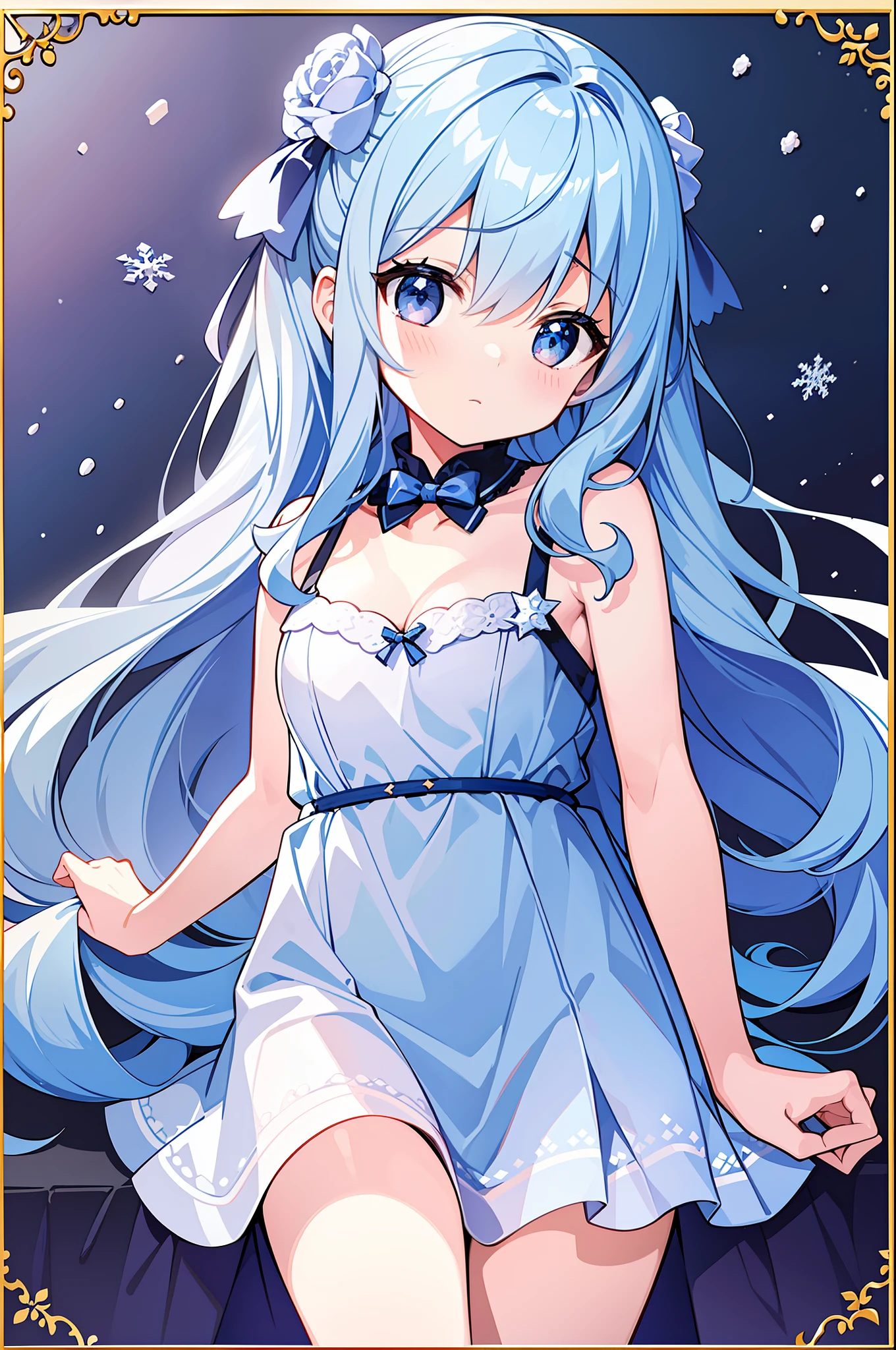 (MASTERPIECE), (Best Quality), (Super Detail), Official Art, One Girl, Lori with Pale Light Blue Hair, Petite Girl, Lori, Navy blue and blue and silver dress, Sleeveless, Small, Very Small, Small, Cleavage, Thigh Focus, Card Illustration, Snow Field
