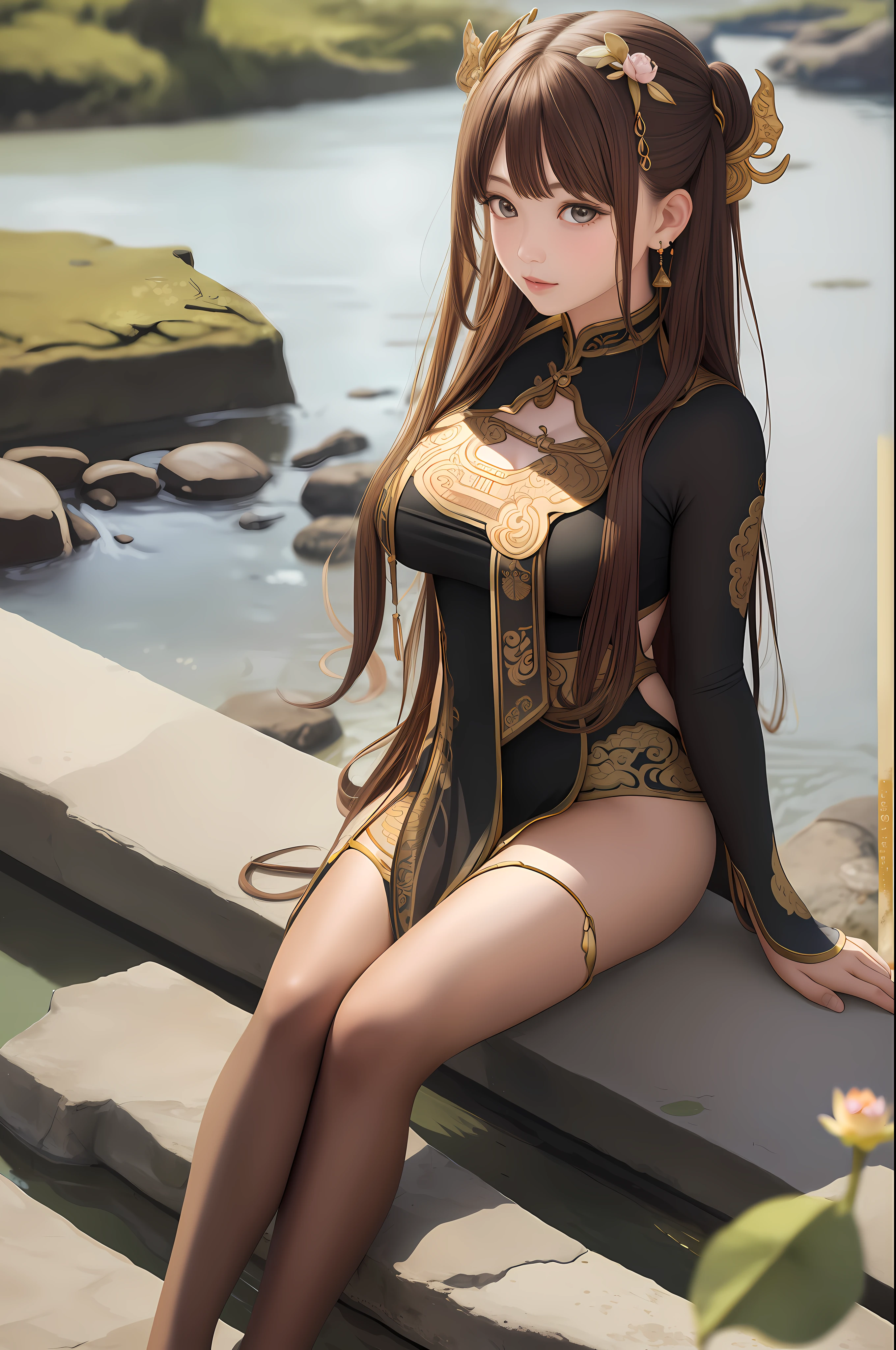 Upper body, oil painting, masterpiece, superlative, high resolution, long brown hair, jewelry hairpin, big breast, river and rock or temple or bridge, extreme suit, sitting position, (Song dynasty, song costume: 1.2), lotus, a cute young girl