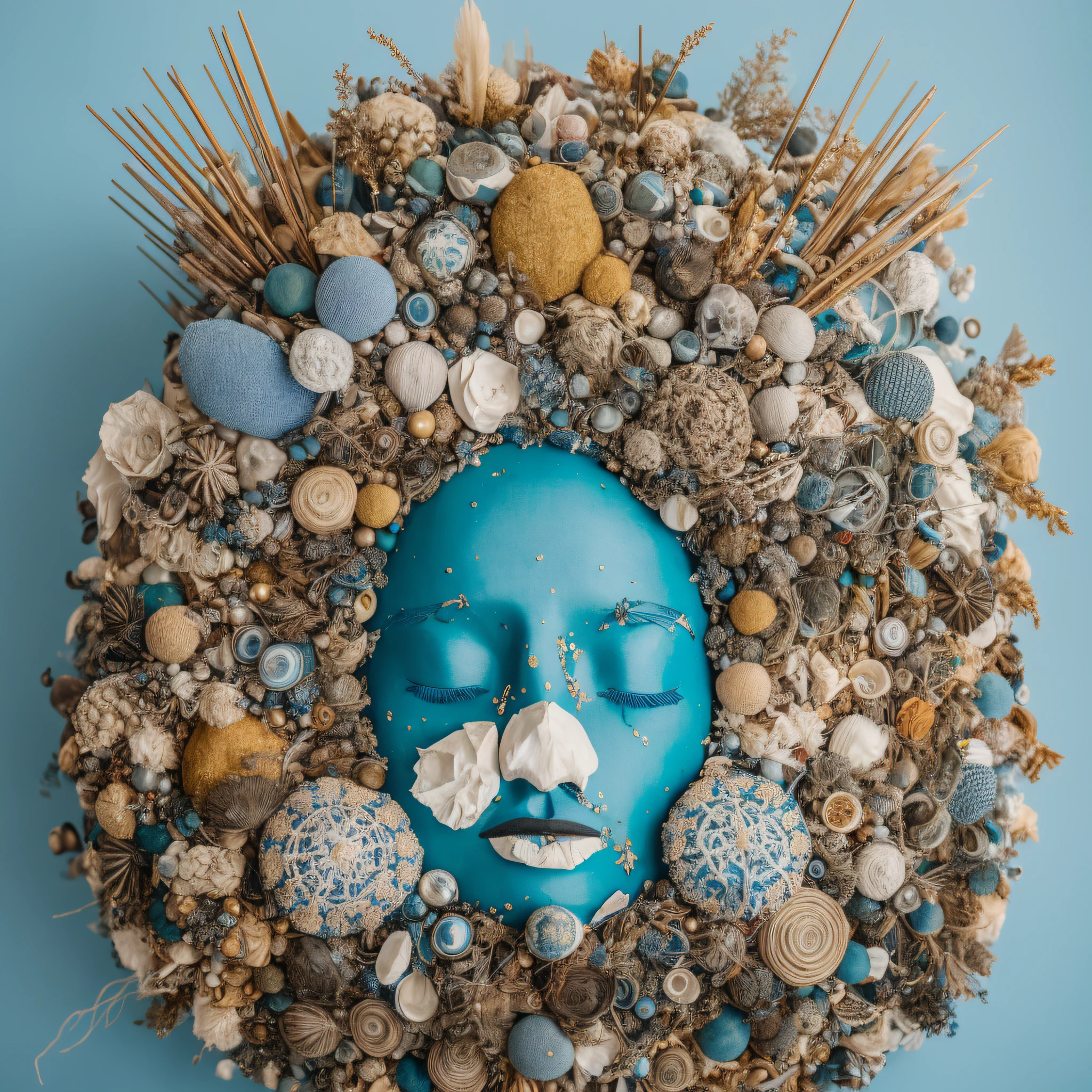 Art object, light blue and gold, Michael Creese, Steelpunk, Michael Hussar, white background, best quality, high quality, editorial photo, absurdists, masterpiece, intricate detail, film grain, intense red, fabrics, plush fabric, red face, barnacles, shells, barnacle sculptures, blue background, bodies, irregular, miscellaneous bodies covered with barnacles and fabric, single object, art object, one thing --auto --s2