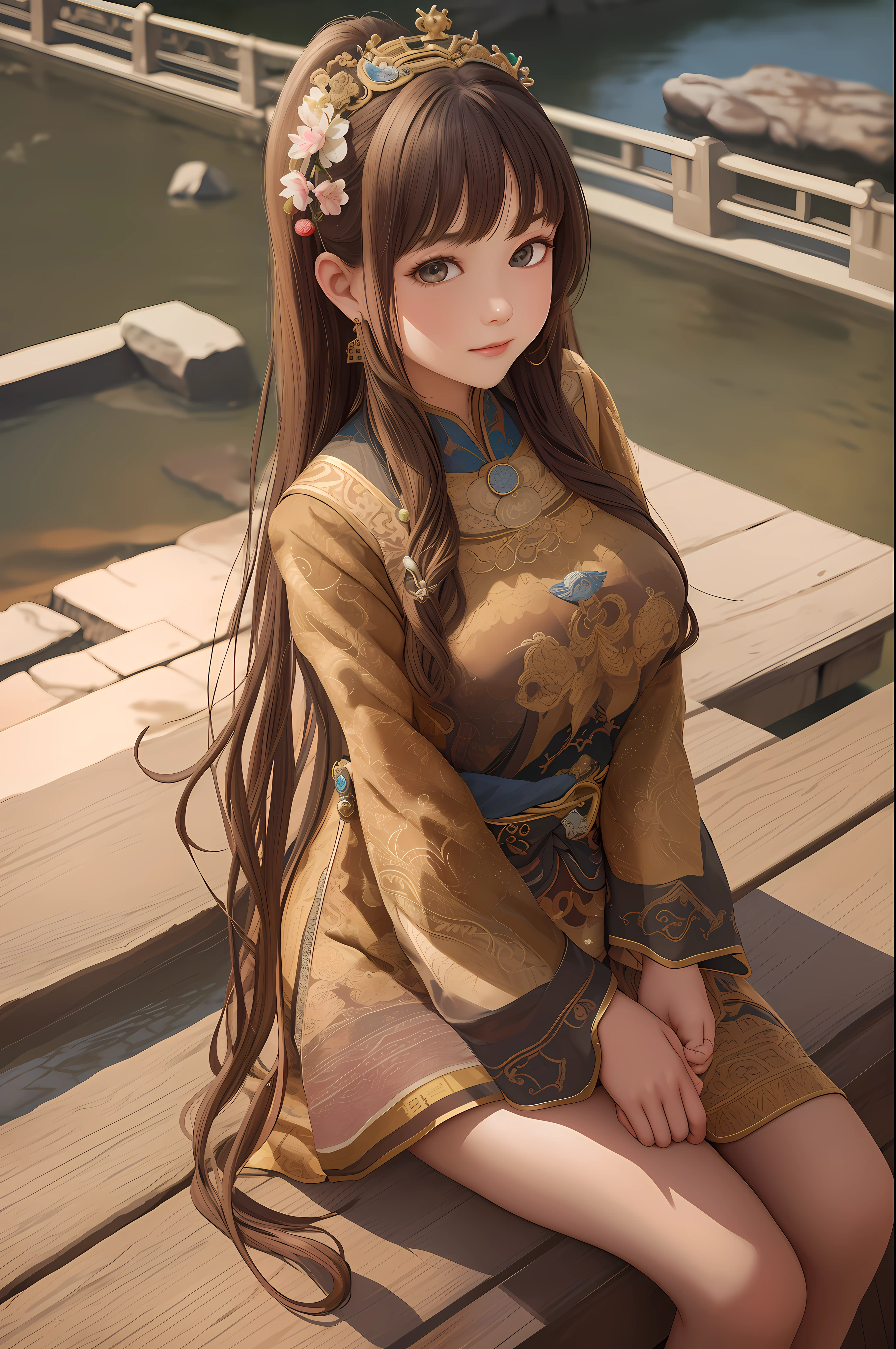 Upper body, oil painting, masterpiece, superlative, high resolution, long brown hair, jewelry hairpin, big breast, river and rock or temple or bridge, extreme suit, sitting position, (Song dynasty, song costume: 1.2), lotus, a cute young girl