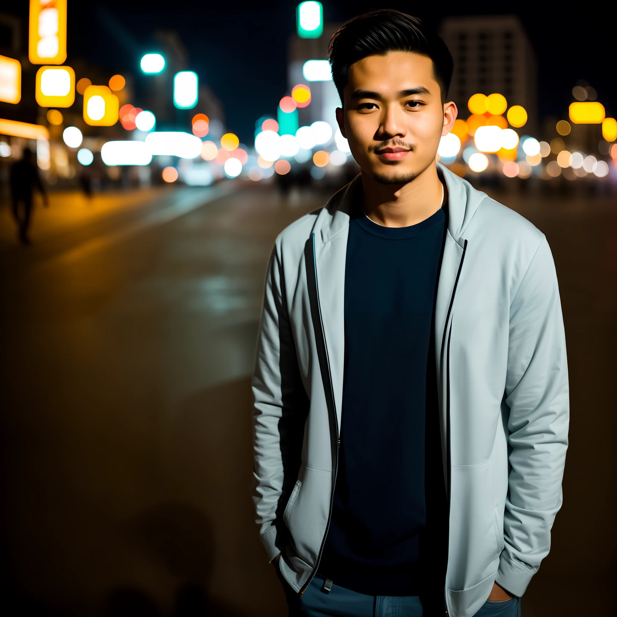 Arafed man standing in the middle of a city street at night - SeaArt AI