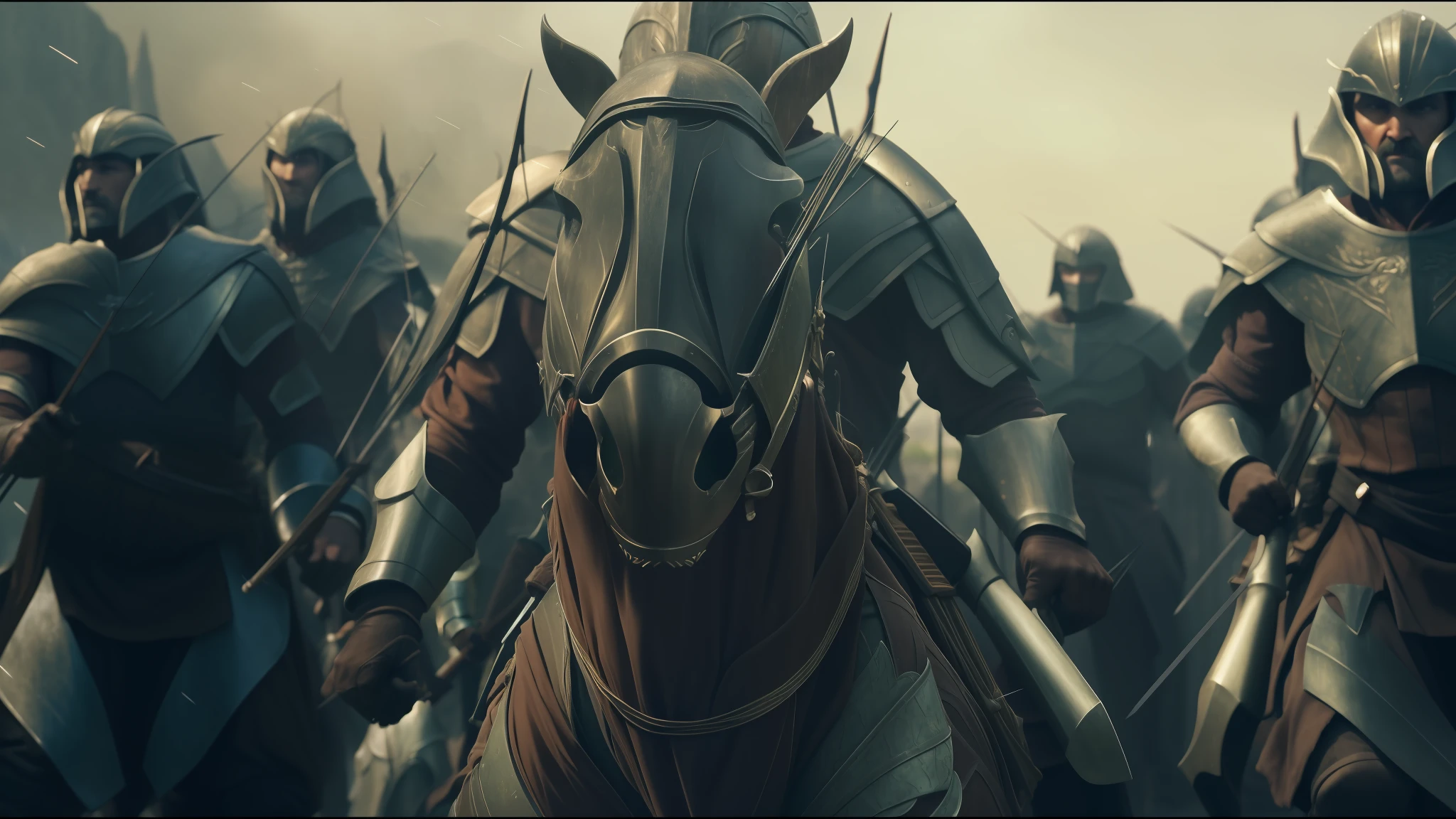 a close up of a row of soldiers with spears and spears, vfx film, rivendell, army of robots, cinematic widescreen shot, long bow and arrows, raining blood, maximus jacobs, tartarian architecture, battle standing