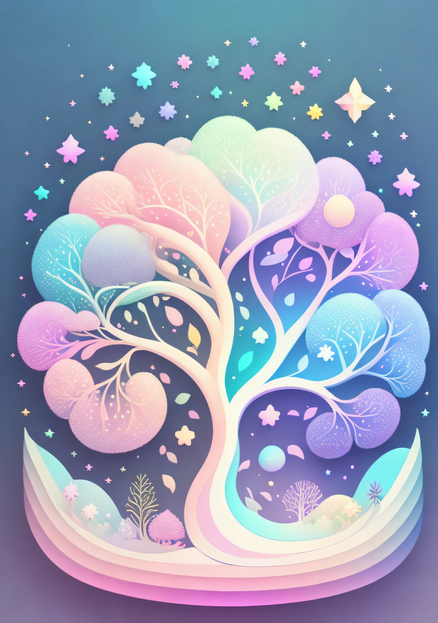"A cartoon tree illustration in a gradient of pastel colors, sky with twinkling stars. Immerse yourself in a mystical world full of magical elements (weighted at 0.9).  Enjoy the touch of magic as you explore the picturesque contours of flowers embedded in the scenery (weighing 0.8)."