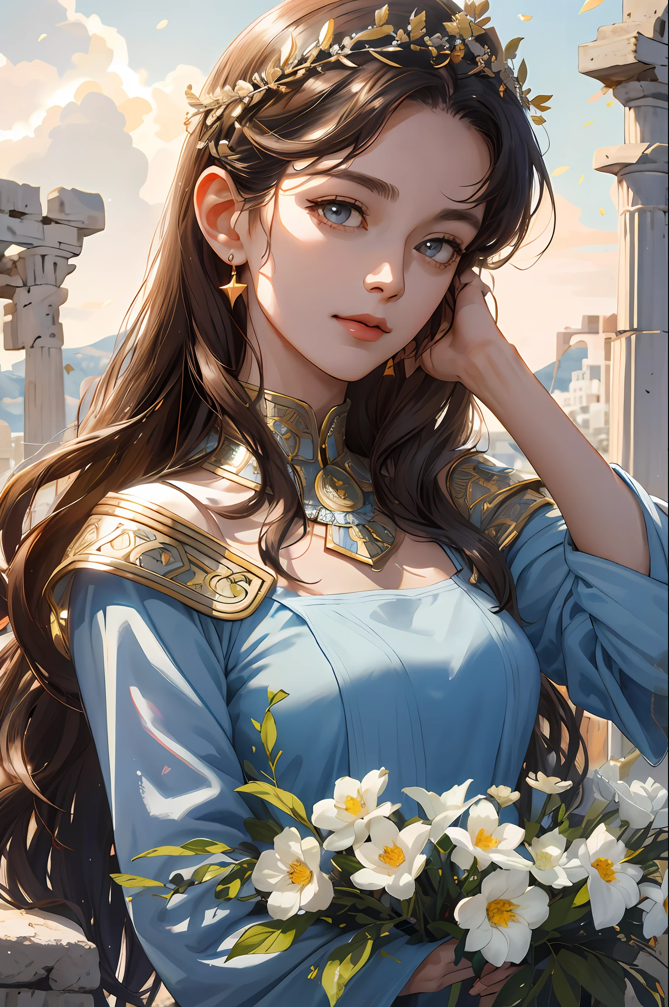(absurdres, highres, ultra detailed), 1woman, mature female, aged up, wavy long hair, chestnut hair, grey eyes, bangs, long sleeves, finely detailed eyes and detailed face, extremely detailed CG unity 8k wallpaper, intricate details, portrait, looking at viewer, solo, half shot, detailed face, soft smile, dynamic pose, classical era, (ancient greek theme:1.1), greek mythology, Athens, macedonian, ruler , blue simple armor, laurel, ancient theme, (flourishing civilization:1.1), pristine white marble, (intact:1.1) ancient temple, mediterranean landscape, ancient city in background, brazier, burning embers, night, darkness, stars, , portrait
