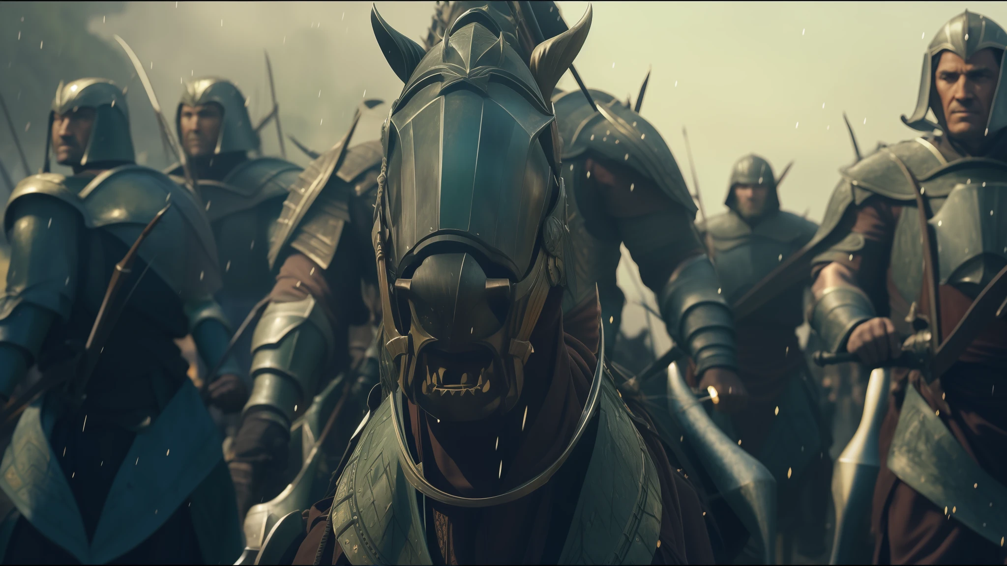 a close up of a row of soldiers with spears and spears, vfx film, rivendell, army of robots, cinematic widescreen shot, long bow and arrows, raining blood, maximus jacobs, tartarian architecture, battle standing