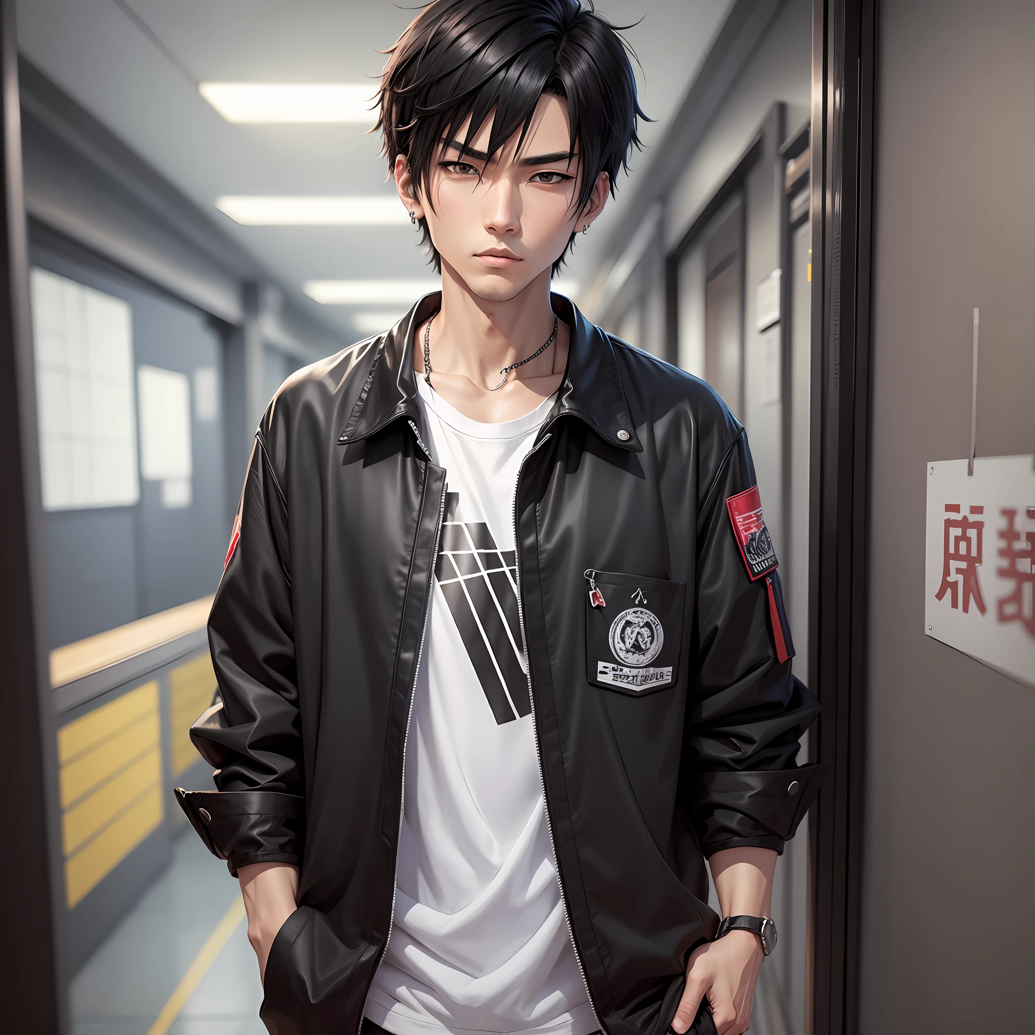 Japanese adult, male. In the form of a delinquent anime, dressed in black clothes, short black hair and ear piercing. --auto --s2