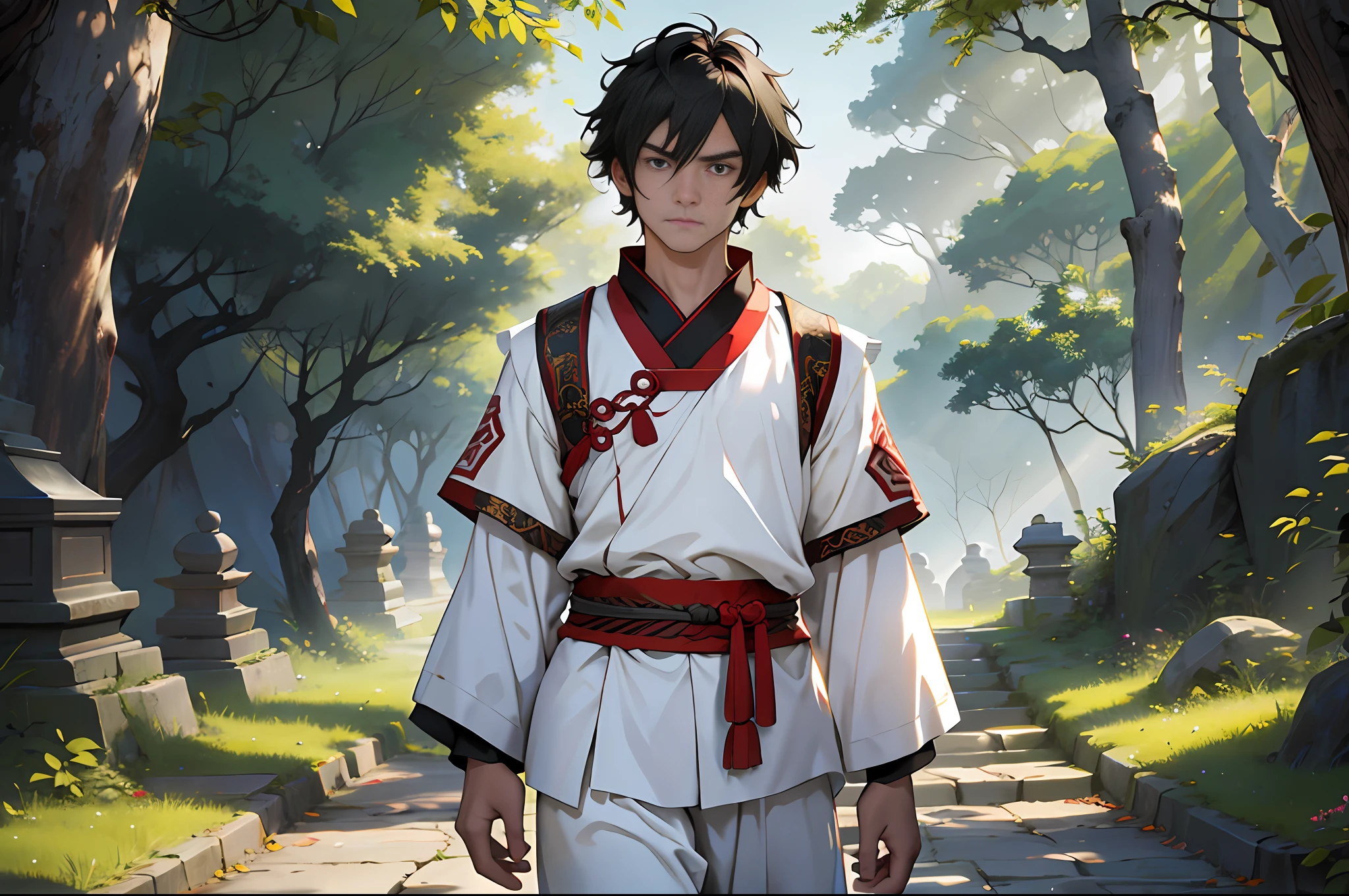 Best Quality, Masterpiece, High Resolution, 1boy, Ancient China, 18 years old, short black hair, frowning, white pajamas, walking, path, wild, 4k, 8k. Chinese ancient style. (High Detail Skin: 1.2), 8K UHD, DSLR, Soft Light, High Quality, Volumetric Light, Voyeur, Photo, High Resolution, 4K, 8K.