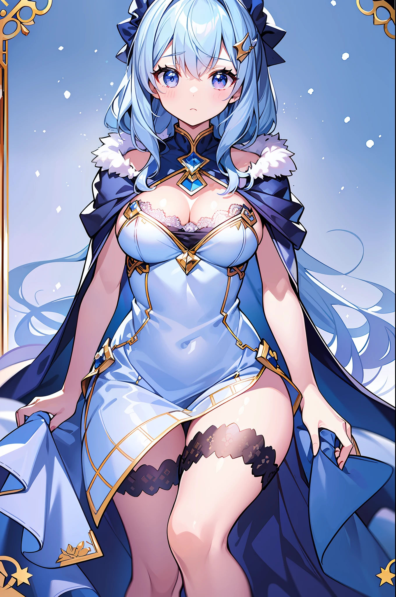 (MASTERPIECE), (Best Quality), (Super Detail), Official Art, One Girl, Lori with Pale Light Blue Hair, Petite Girl, Lori, Navy blue and blue and silver dress, Sleeveless, Long Cape Small, Very Small Breasts, Small, Cleavage, Thigh Focus, Card Illustration, Snow Field