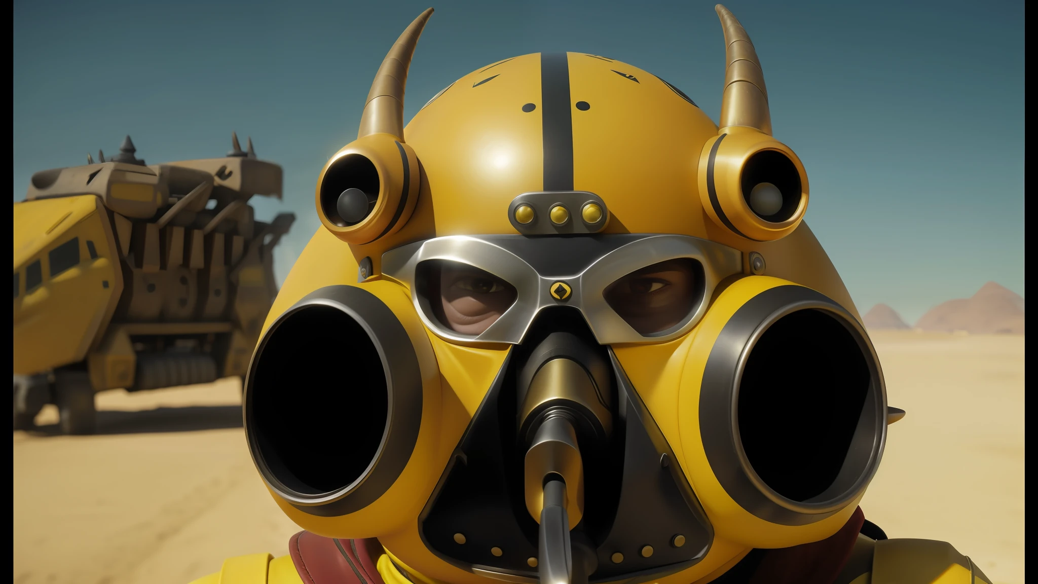 there is a man wearing a gas mask with horns on his head, still from despicable me 2010, in dune, by Jarosław Jaśnikowski, bright yellow color scheme, new vegas style, motorbiker, big pink eyes, by François Quesnel, different closeup view, tusks, inspired by Nicomachus of Thebes