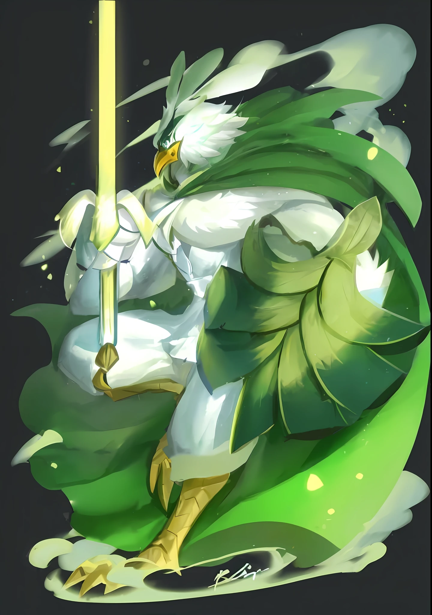 a close up of a cartoon character holding a sword, avian warrior, emerald herald, phoenix warrior, glowing green soul blade, the emerald herald, legendary god holding spear, the emerald herald in the garden, chicken feather armor, lady palutena, green aura, ''wallpaper of a phoenix, inspired by Huang Shen, druid, a blonde emerald warrior