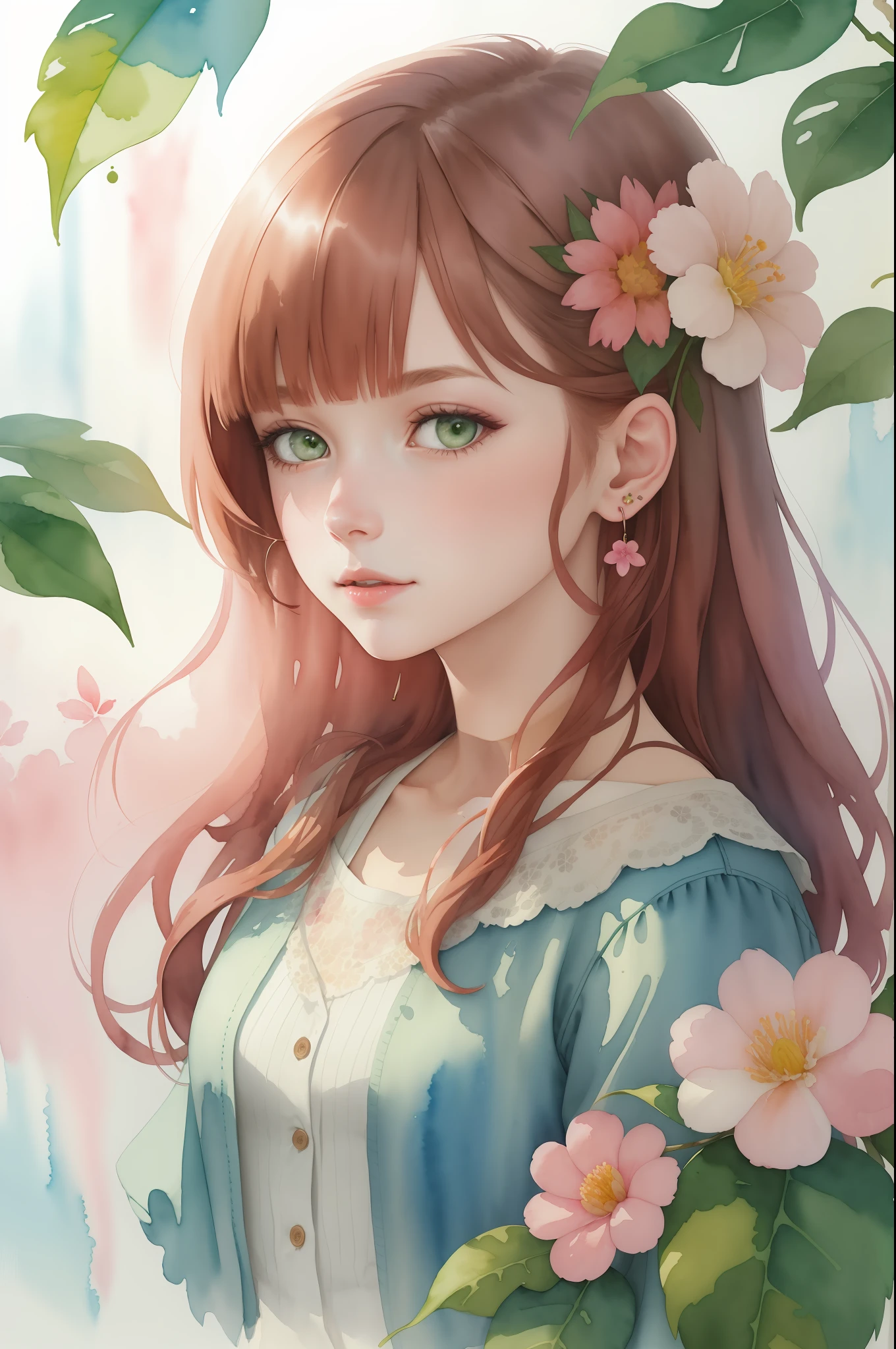 (Watercolor:1.2),1 Girl, Solo, Flower,Cherry, Portrait, Leaf, Bangs, Signature, Pink Flower, Brown Hair, Long Hair, Green Eyes, Hair Between Eyes, Flower Earrings