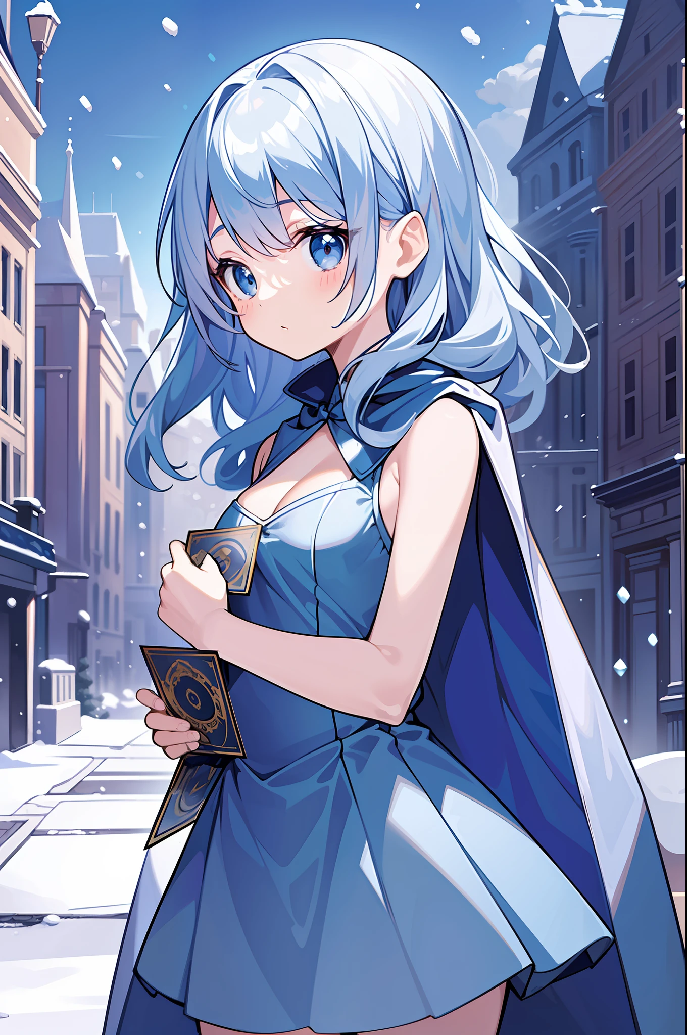 (MASTERPIECE), (Best Quality), (Super Detail), Official Art, One Girl, Lori with Pale Light Blue Hair, Petite Little Girl, Lori, Navy blue and blue and silver dress, Sleeveless, Long Cape Small, Very Small Breasts, Small, Cleavage, Thigh Focus, Card Illustration, Snow Field