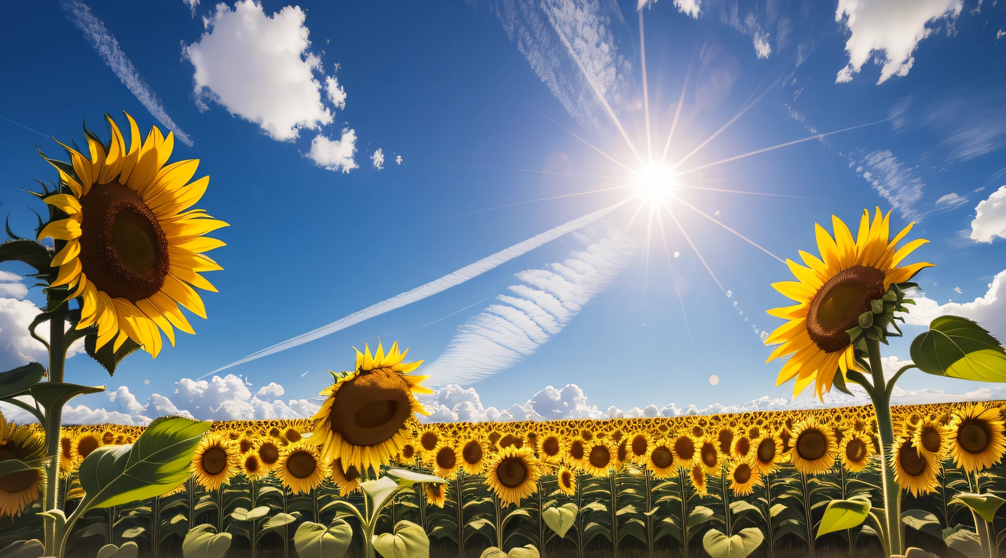 Take a high-quality, high-resolution photo of the sunflower field looking up from below in the summer daytime with sparkling white light and beautiful scenery.
