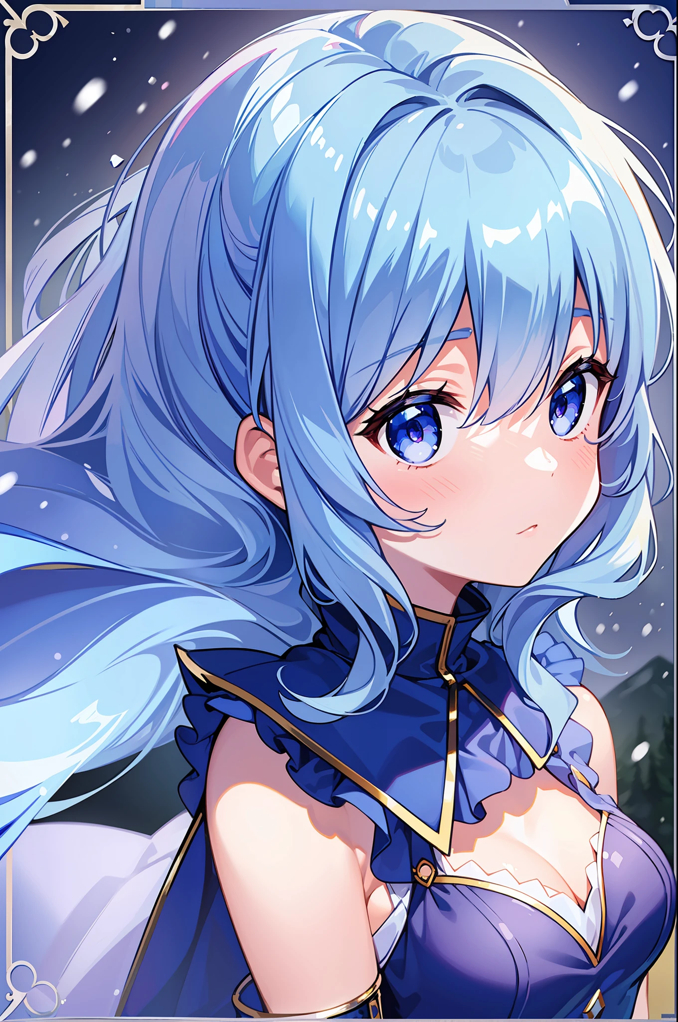 (MASTERPIECE), (Best Quality), (Super Detail), Official Art, One Girl, Lori with Pale Light Blue Hair, Petite Little Girl, Lori, Navy blue and blue and silver dress, Sleeveless, Long Cape Small, Very Small Breasts, Small, Cleavage, Thigh Focus, Card Illustration, Snow Field