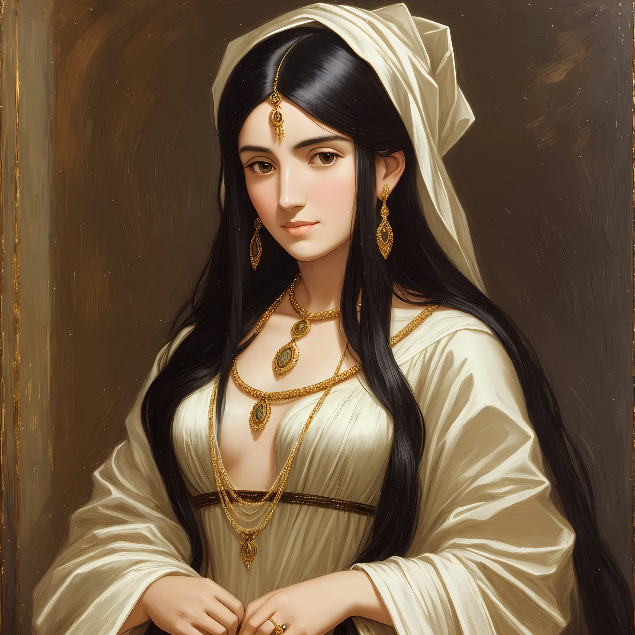 A Philistine woman with robes, necklaces, and earrings with long, black hair --auto --s2