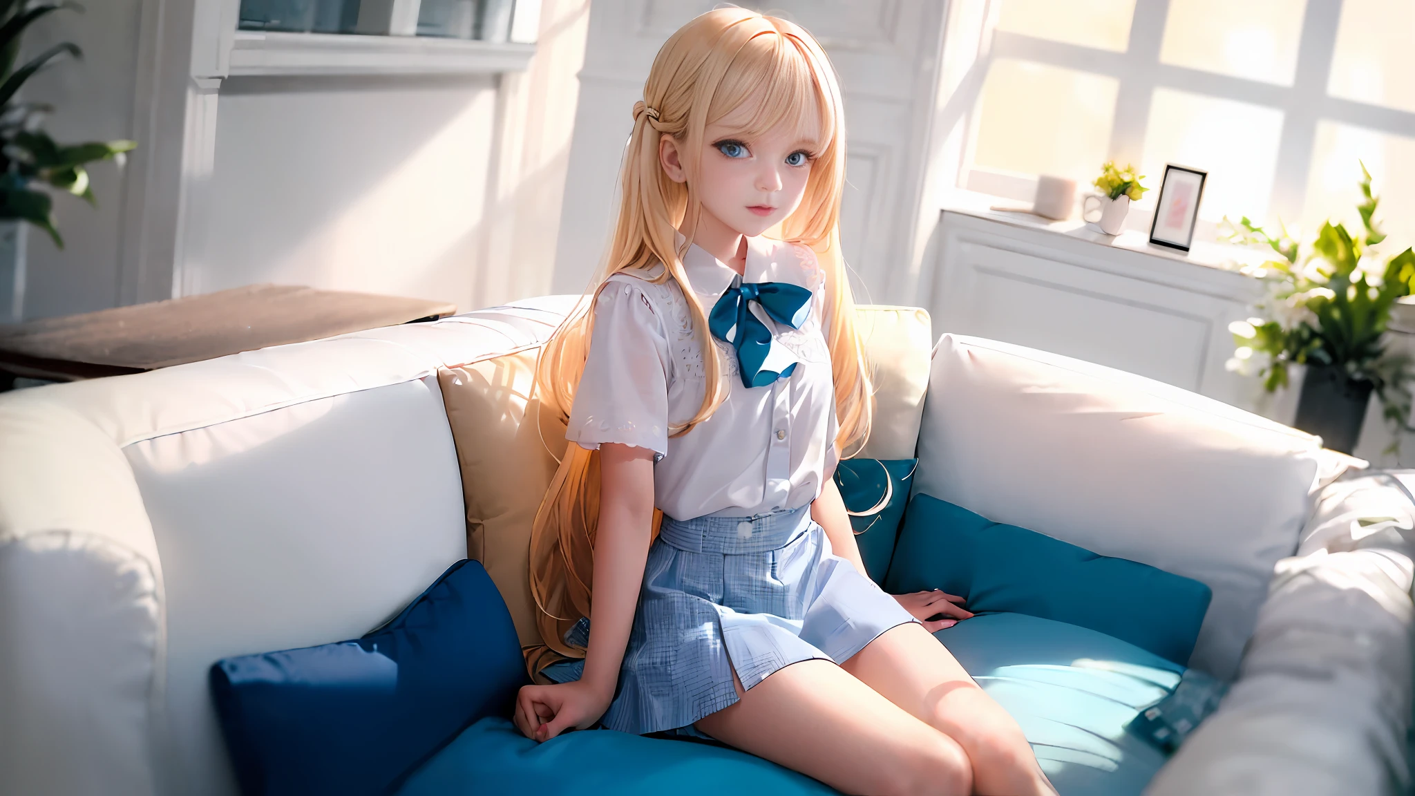 1girl, (masterpiece:1.1), (best quality:1.1), (white blouse:1.1), extreme detail, cute face, beautiful eyes, full body, 2girls, blonde hair, long hair, blue eyes, star eyes, white t-shirt, short sleeves, sky blue miniskirt, open legs, white knee-length socks, blue sandals, beckoning, interior, living room