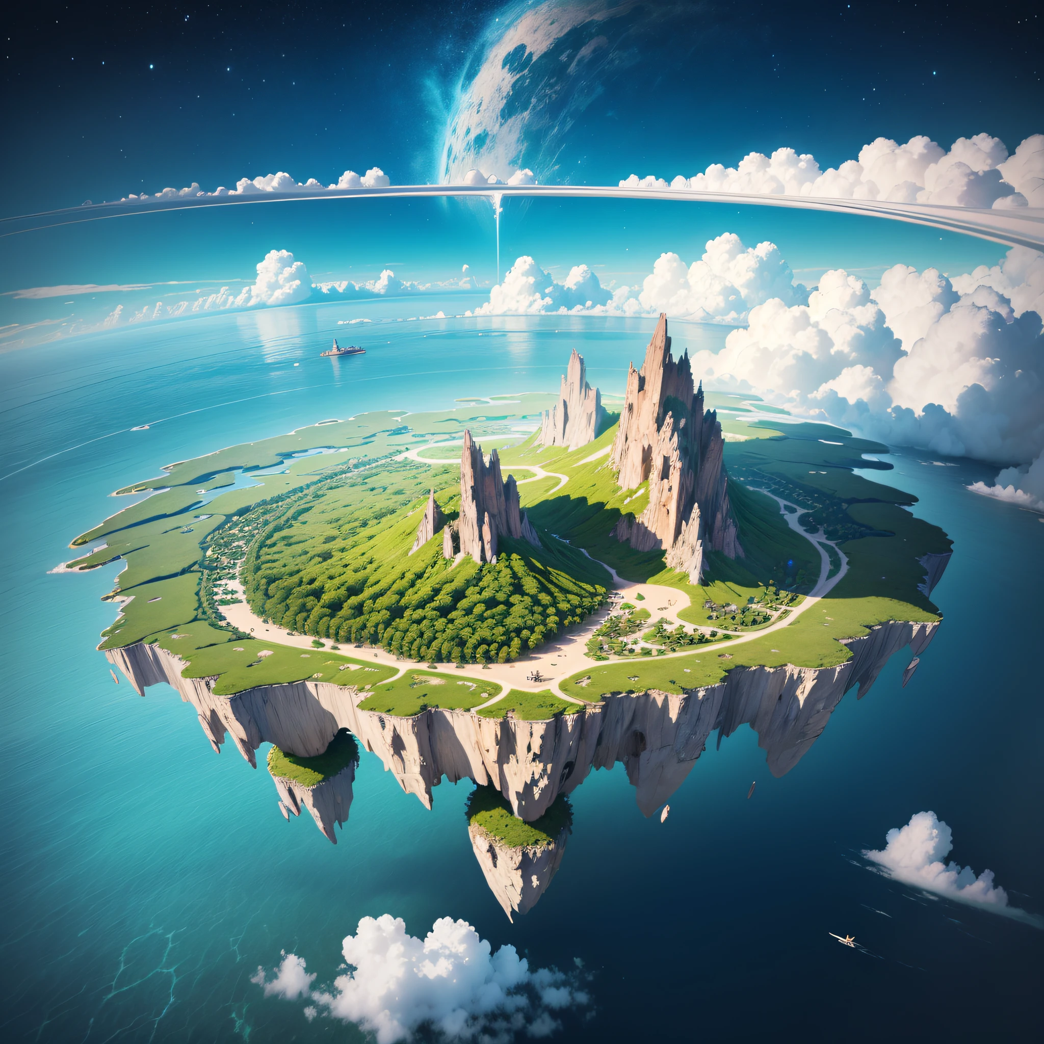 Giant Flutant Island, is an island swarming in the sky, the size of a continent, with other huge floating islands behind it, flying in the sky with luvens covering the bottom of the sky --auto --s2