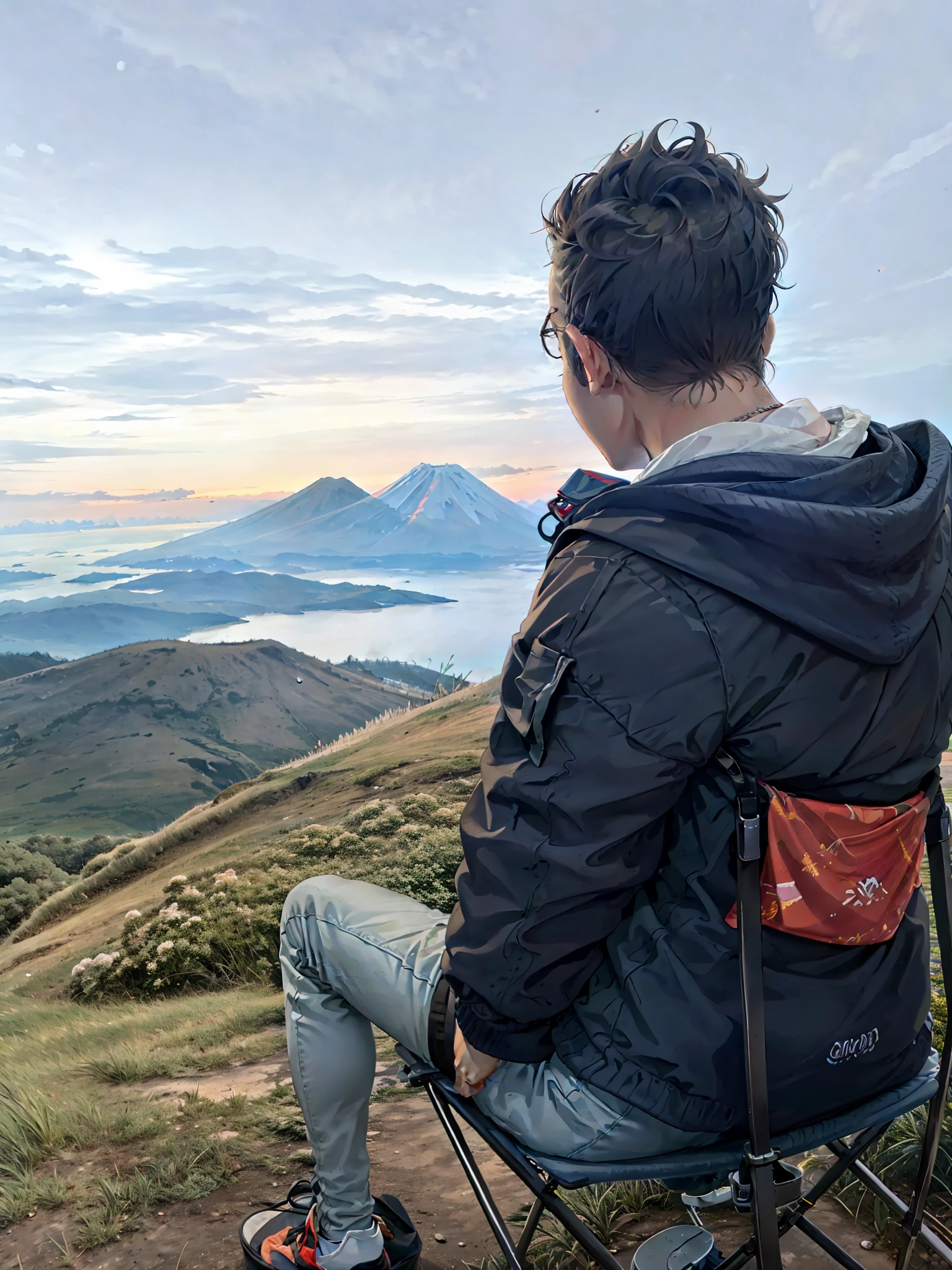 arafed man sitting in a folding chair on a mountain overlooking a valley, with a volcano in the background, during sunrise, volcanoes in the background, chill time. good view, during sunset, standing close to volcano, volcano in the background, 8 k. filling of the view, moutain in background, a wanderer on a mountain, haze over the shoulder shot