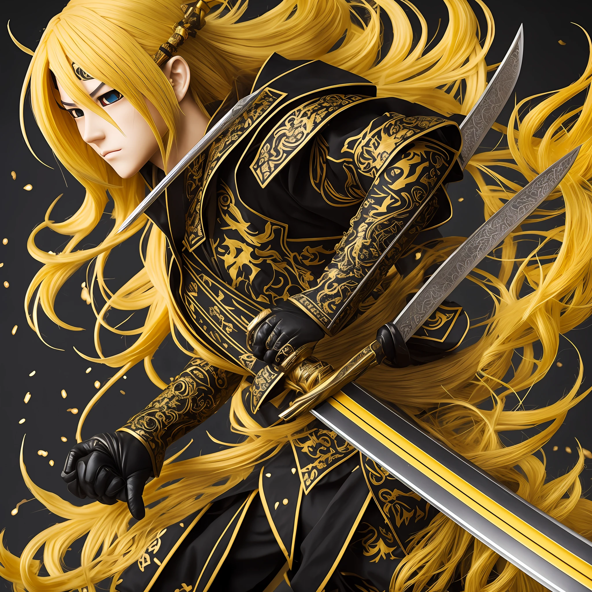 A dark yellow-haired katana swordsman with a serious look and dark clothes with smaller gold accents; traces of the anime Demon Slayer. --auto --s2