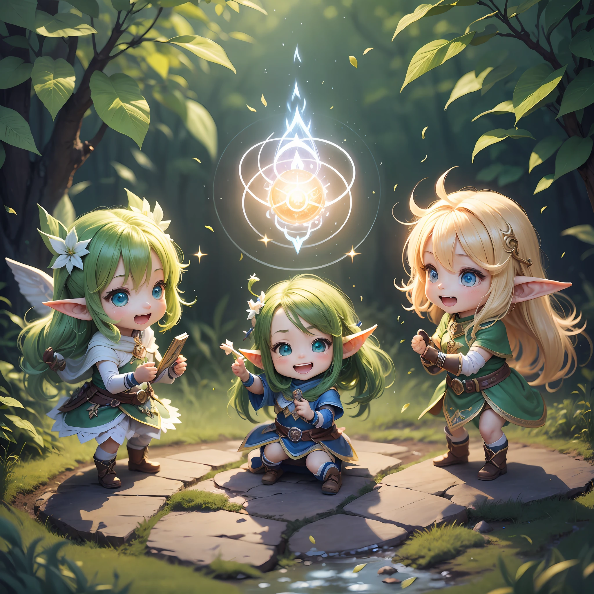 Chibi, Elf, Magic Training, Light, Unreasonable, Halo, Laughing, Playing, Bouncing, Friends