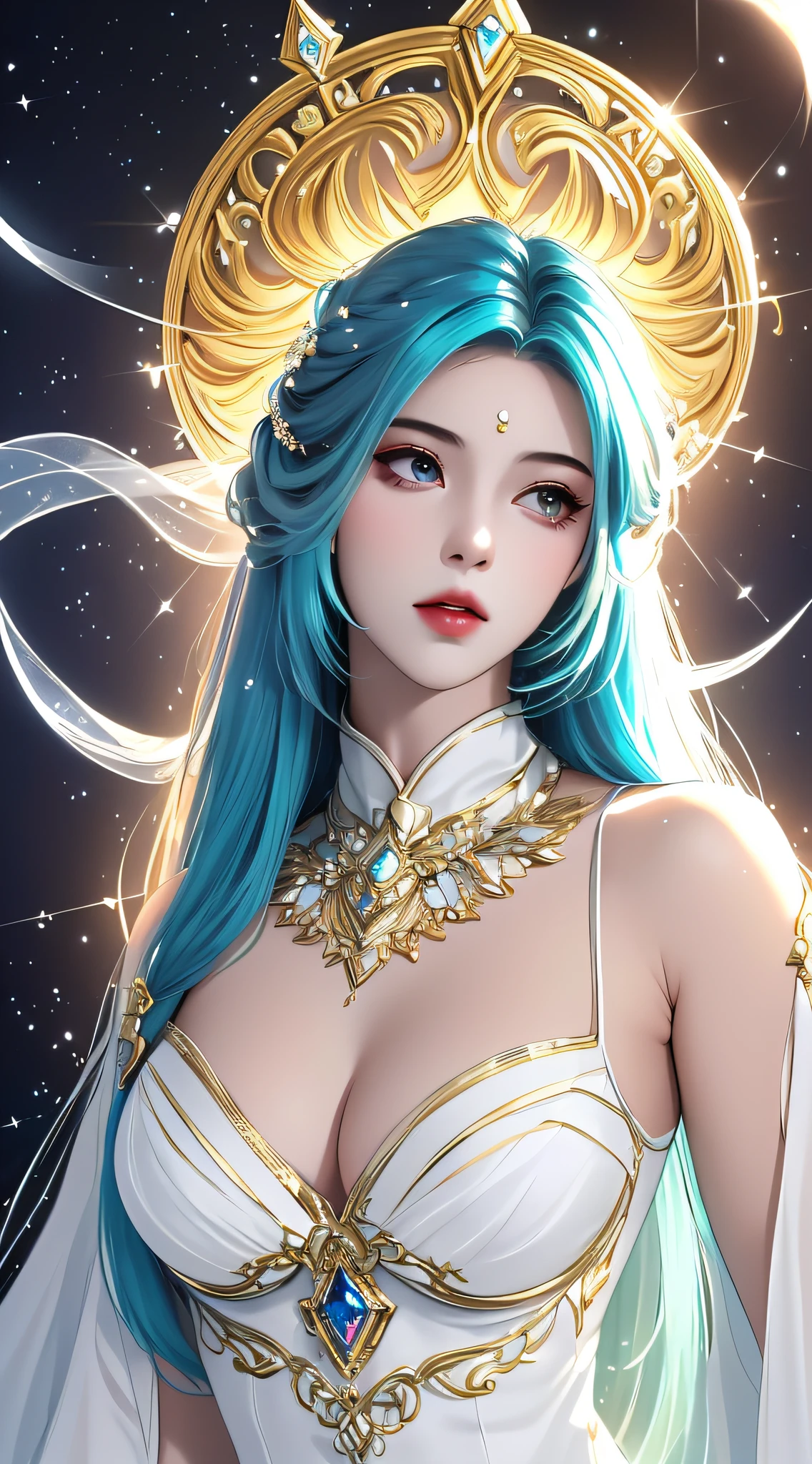 ((Masterpiece)), (Reality: 1.2), (Fantasy), Solo, (Very detailed wallpaper), Photographic reality, Very detailed illustration, (Ultra-complex details), Perfect detail features, Perfect details, (Best lighting), [(White background: 1.5)::5], (Bottle bottom: 0.9), 1 girl, Big breasts, medium shot, Full body, (This is a beautiful, otherworldly character with delicate facial features and exuding a mysterious aura.) She wore a long flowing gown made of shimmering silk that sparkled like starlight. Her hair was long and layered, dyed a soft pale blue, decorated with delicate flowers that seemed to bloom from her hair. Her eyes are deep and enchanting green with a faint glow that hints at magical powers. She wears a sparkling garland of gemstones on her head and holds a staff decorated with mysterious symbols that shines with an ethereal light. 4K Unity, Octane Rendering, Atmospheric 8K Ultra Detail, Amazing, Epic, Vivid, Stunning Art, Dreamy, Best Shadows, (Very Detailed CG Unity 8K wallpaper), Unreal Engine, Amazing Fine Detail and Brush Strokes, Smooth, HD Semi-Realistic Anime CG Concept Art Digital Painting, CG Painting, (Realistic: 1.1)