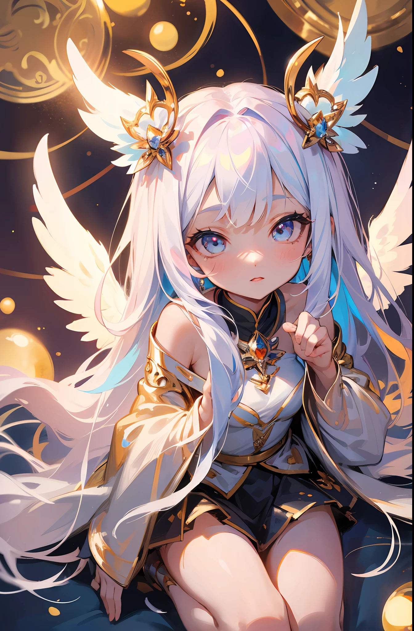 (Masterpiece: 1.4), (Best Quality: 1.4), (Chibi: 1.3), (Very Cute Angel Girl, Super Detailed Face, Jewel-like Eyes, White Very Long Hair, Colorful Gradient Hair: 1.4), (Angel Ring:
1.4), (Angel Wings: 1.4), (Full body, perfect 2 arms, perfect 2 legs: 1.4), Perfect 4 fingers: 1 thumb, light, shine, bokeh, super fine