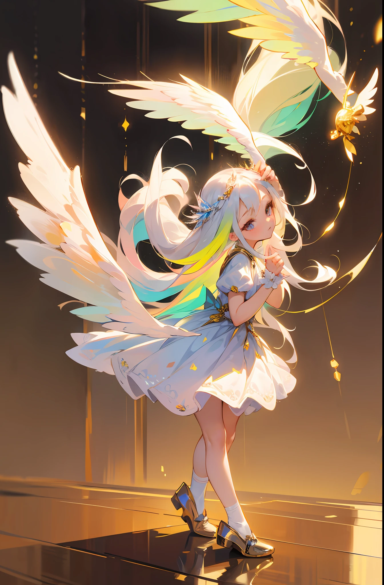 (Masterpiece: 1.4), (Best Quality: 1.4), (Chibi: 1.3), (Very Cute Angel Girl, Super Detailed Face, Jewel-like Eyes, White Very Long Hair, Colorful Gradient Hair: 1.4), (Angel Ring:
1.4), (Angel Wings: 1.4), (Full body, perfect 2 arms, perfect 2 legs: 1.4), Perfect 4 fingers: 1 thumb, light, shine, bokeh, super fine