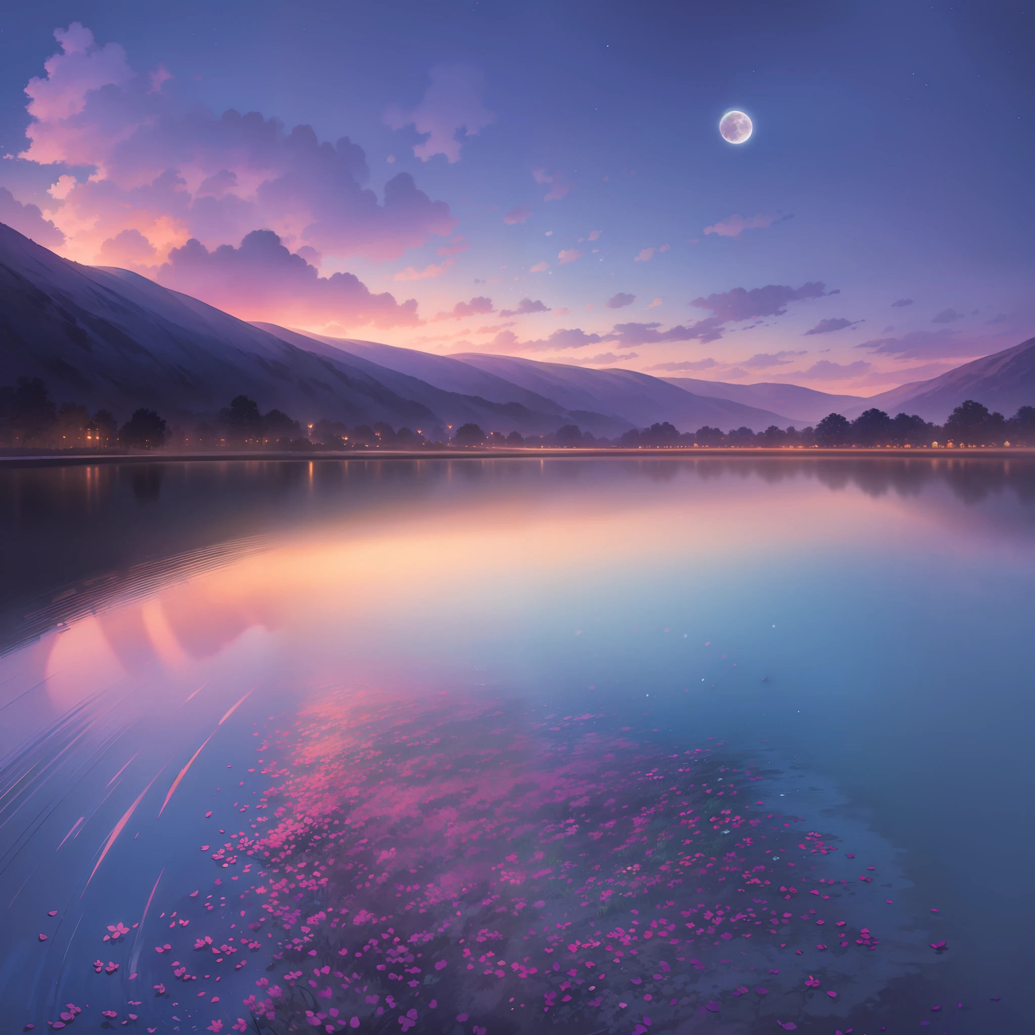 A wide landscape photo, (viewed from below, the sky is above, and the open field is below), a girl standing on a flower field looking up, (full moon: 1.2), (meteor: 0.9), (nebula: 1.3), distant mountains , Trees BREAK Crafting Art, (Warm Light: 1.2), (Firefly: 1.2), Lights, Lots of Purple and Orange, Intricate Details, Volumetric Lighting BREAK (Masterpiece: 1.2), (Best Quality), 4k, Ultra Detailed, (Dynamic Composition: 1.4), Rich in Detail and Color, (Rainbow Color: 1.2), (Glow, Atmospheric Lighting), Dreamy, Magical, (Solo: 1.2)