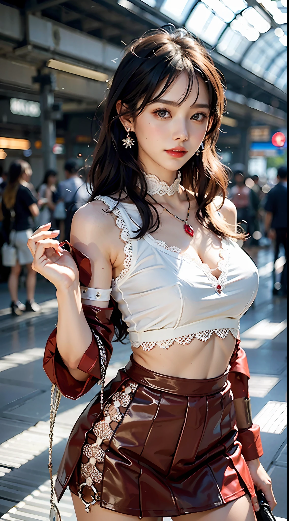 "Top CG, highest quality, masterpiece, delicate and delicate beautiful girl, fair skin, perfect facial features, close-up facial features, bright eyes, red lips, delicate smile, beautiful and heroic, necklace, lace cutout collar, earrings, black hair, sparkling, see-through visible skin, red long coat on the upper body, transparent plastic deep V-neck T-shirt inside, chest revealed, close-up chest revealed, lower body wearing mesh short skirt, 4k picture quality, urban beauty, modern city, lace openwork socks, realism, city, train station, Tanabata Festival, standing pose, stroll, motion capture, shopping, wide-angle lens, left leg thigh lace tie