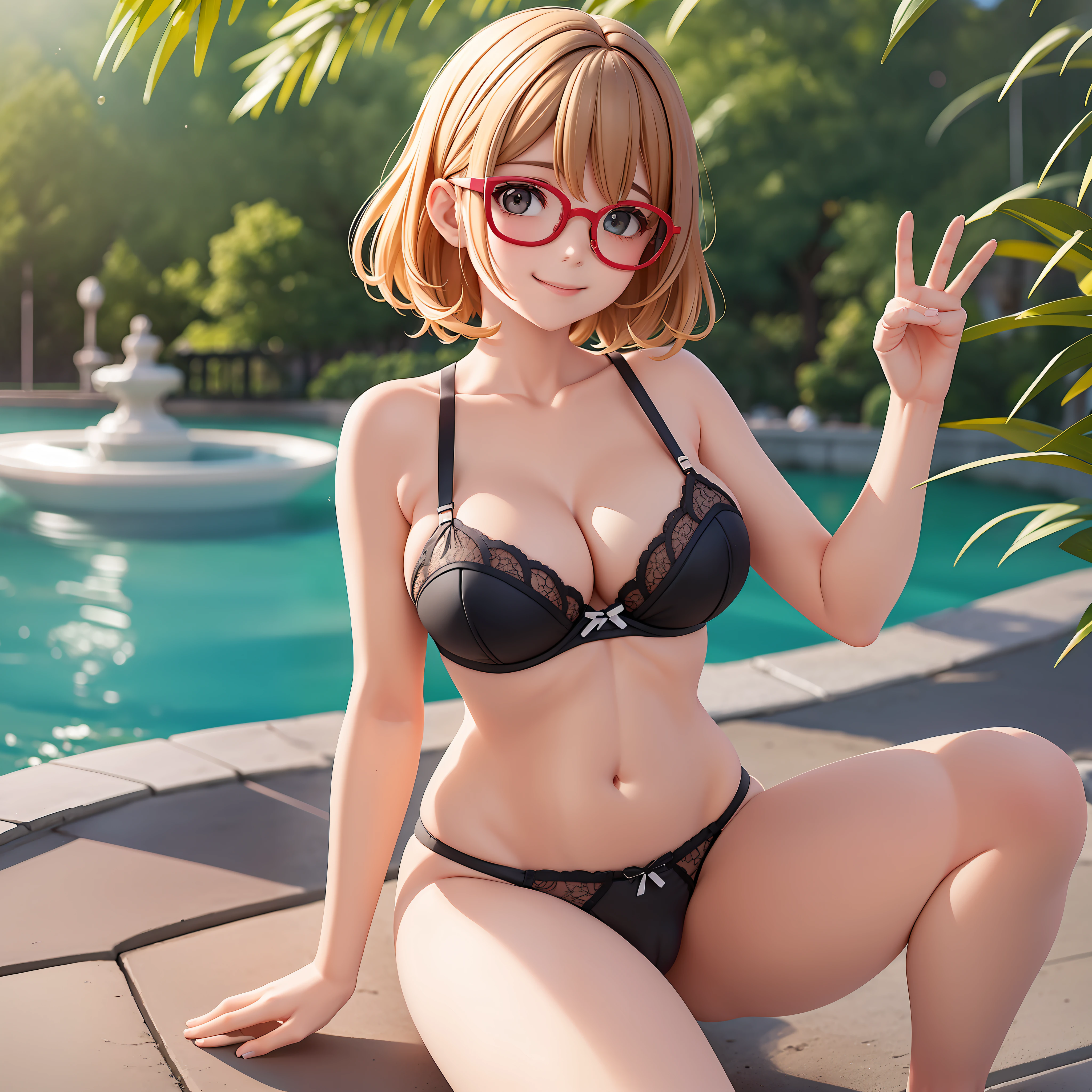 Clear. A daytime park with many children. Waving her right hand and smiling widely, Emily is a -yeld Frh girl. In the fountain of the park, lying on the floor, sticking out his butt and spreading his crotch. Height 150 cm. Wavy short-cut hair mixed with brown and blonde, straight bangs, beauty with glasses, large breasts and protruding from the bra, I like camisoles. I like brown frame glasses. Today I wore obscene thin lace black underwear (no fabric to hide most of my breasts and pubic area).