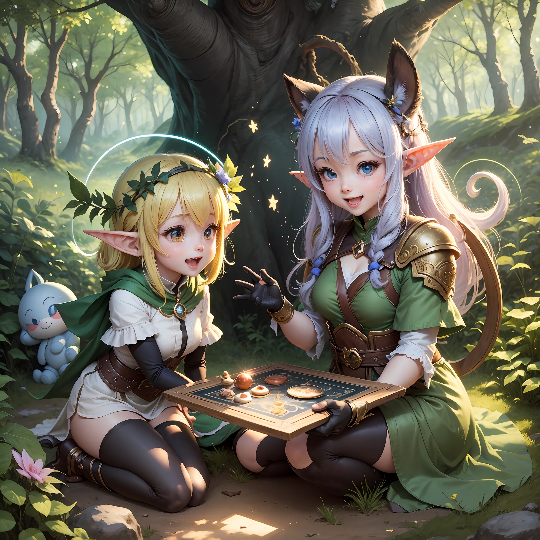Chibi, Elf, Magic Training, Light, Unreasonable, Halo, Laughing, Playing, Bouncing, Friends, Forest