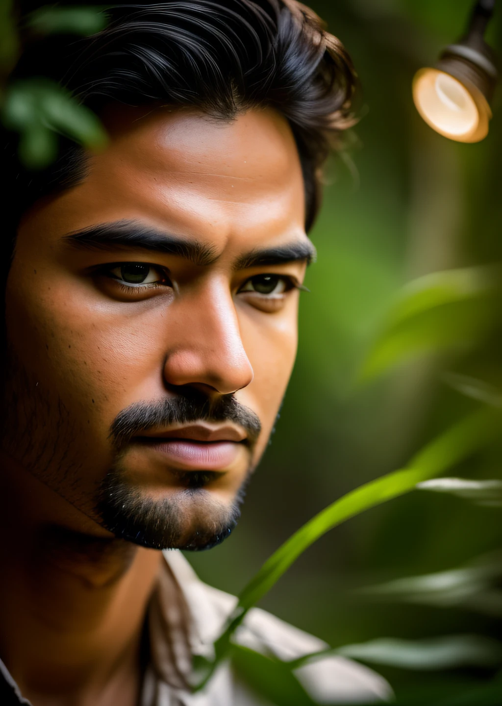 masterpiece, man walking through the jungle at night among fireflies, (high detail: 1 1), rough face, natural skin, high quality, nsfw, beautiful eyes, (detailed face and eyes), (face: 1 2), noise, extra, real photo, PSD, lamp film photography, sharp focus, contrast lighting, detailed skin, high resolution 8k, crazy detail, realistic, professional photography, 8k UHD, SLR camera, soft lighting, high quality, grain film, Fujifilm XT3