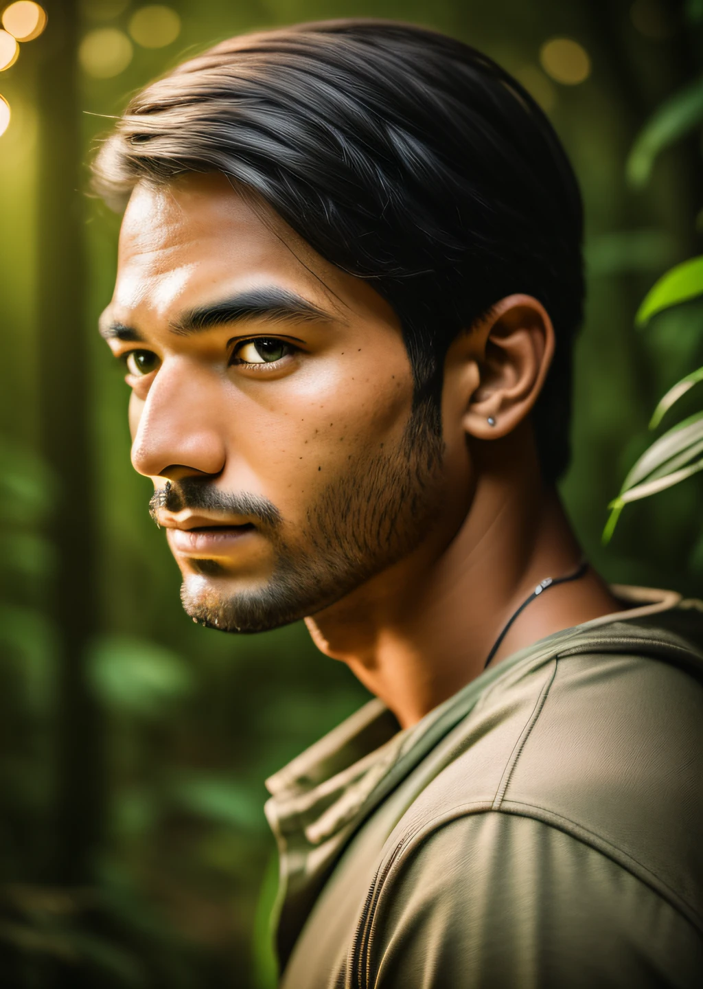 masterpiece, man walking through the jungle at night among fireflies, (high detail: 1 1), rough face, natural skin, high quality, nsfw, beautiful eyes, (detailed face and eyes), (face: 1 2), noise, extra, real photo, PSD, lamp film photography, sharp focus, contrast lighting, detailed skin, high resolution 8k, crazy detail, realistic, professional photography, 8k UHD, SLR camera, soft lighting, high quality, grain film, Fujifilm XT3