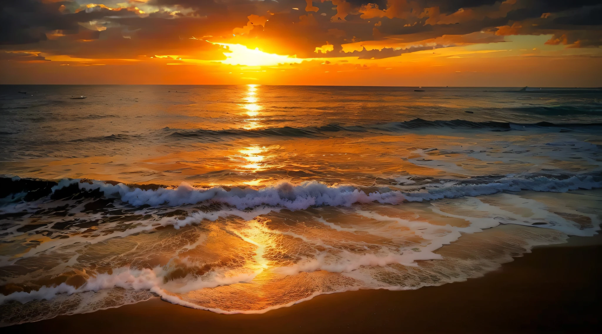 A mesmerizing sunset over the beach, with a mix of oranges, pinks and yellows filling the sky. The crystal clear waters of the sea gently kiss the coast, with a white sand beach. The scene is dynamic and breathtaking, with seagulls soaring high in the sky and palm trees swaying gently.