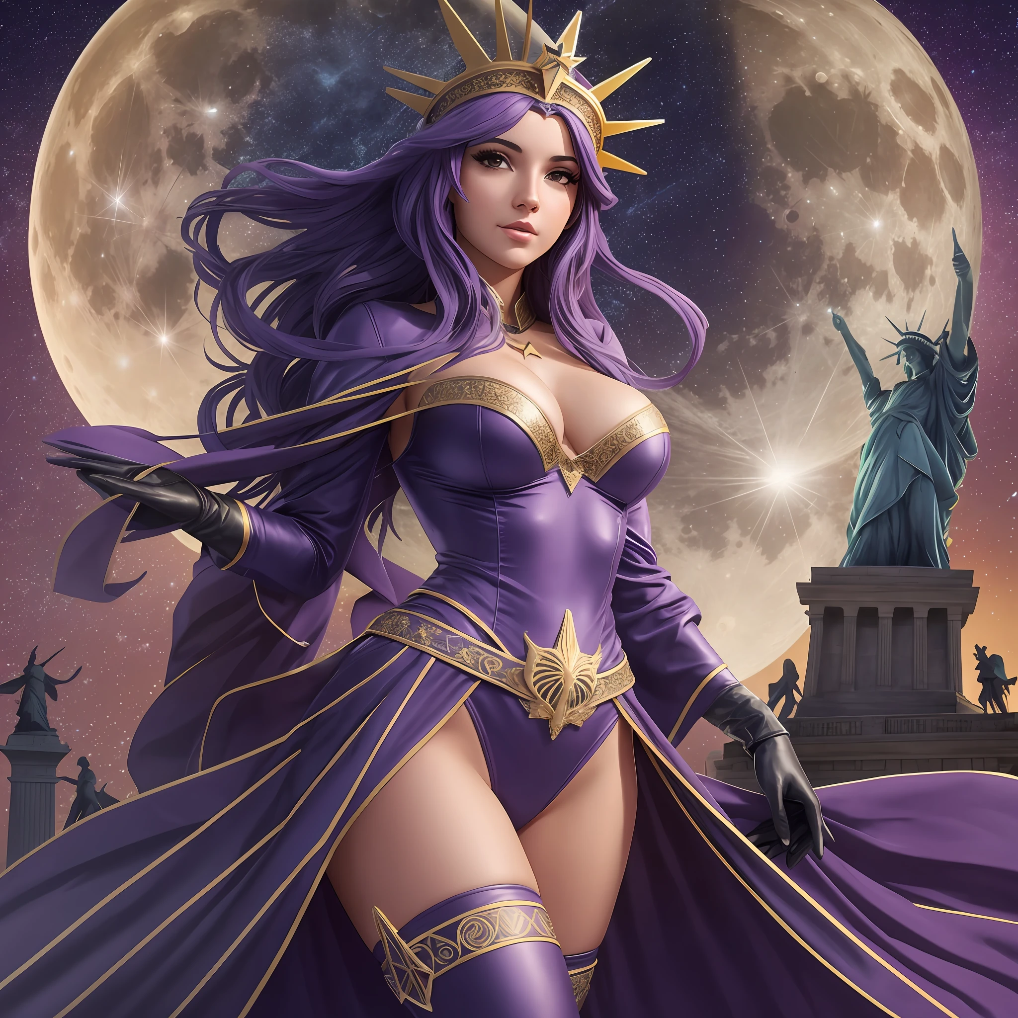 Young woman, Liberty statue sexy costume, night landscape, full moon, many stars