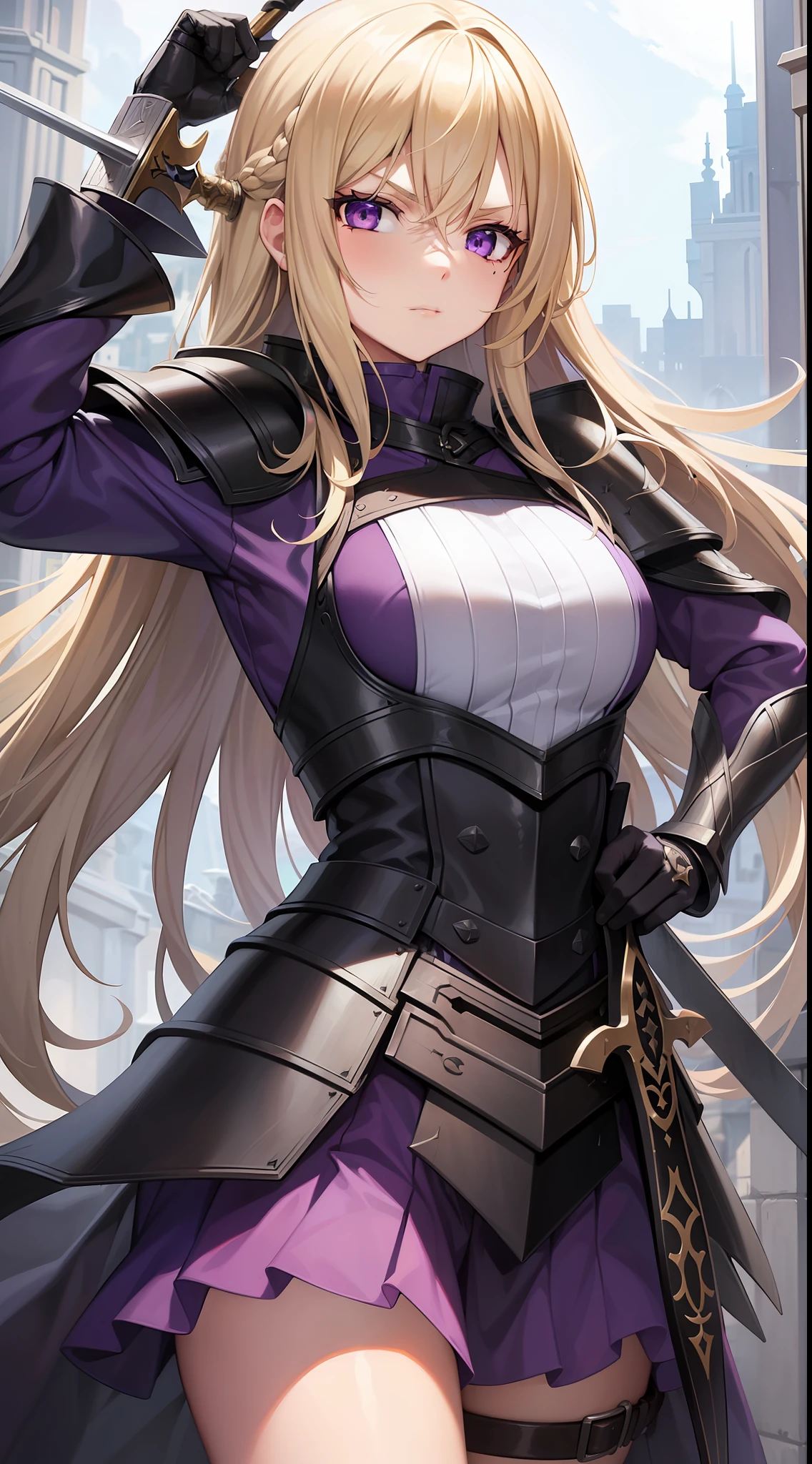 Young girl, long blonde hair, purple eyes, scar on her face, heavy fantasy armor, raincoat, serious look sword, masterpiece, high quality