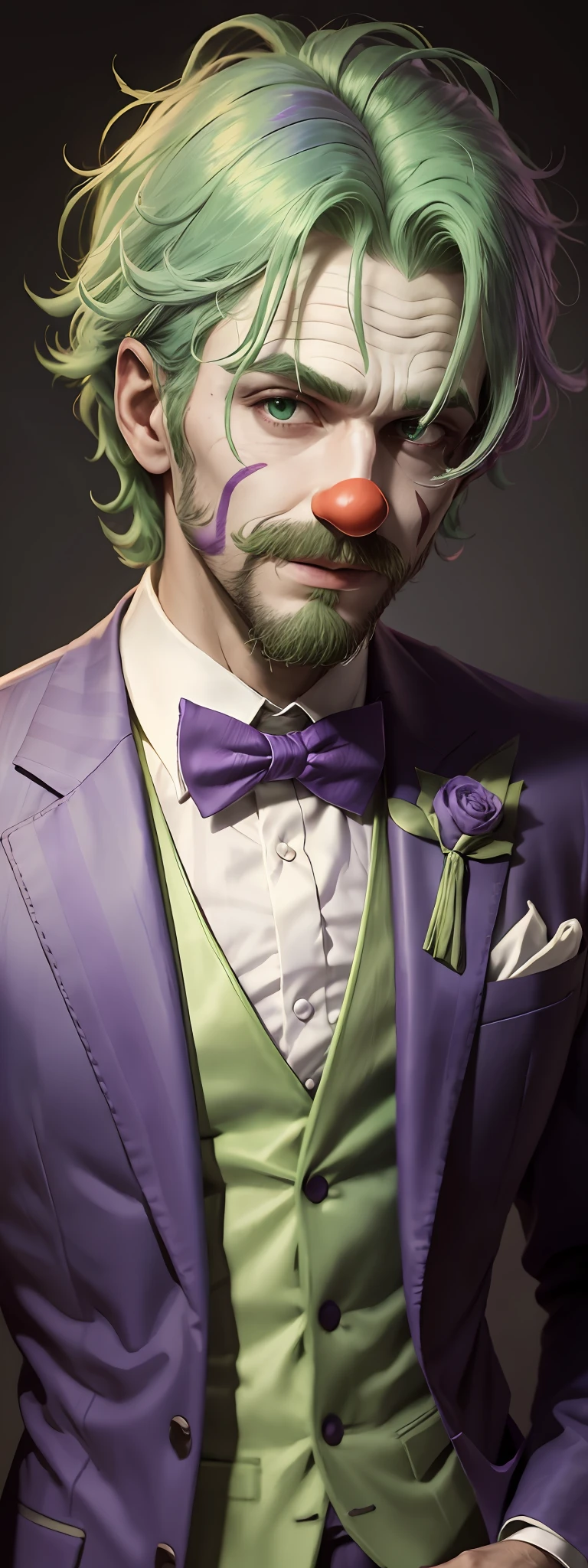 Clown, high resolution, 8K, ultra clear, purple suit, green bow tie, green hair, unkempt hair, white face