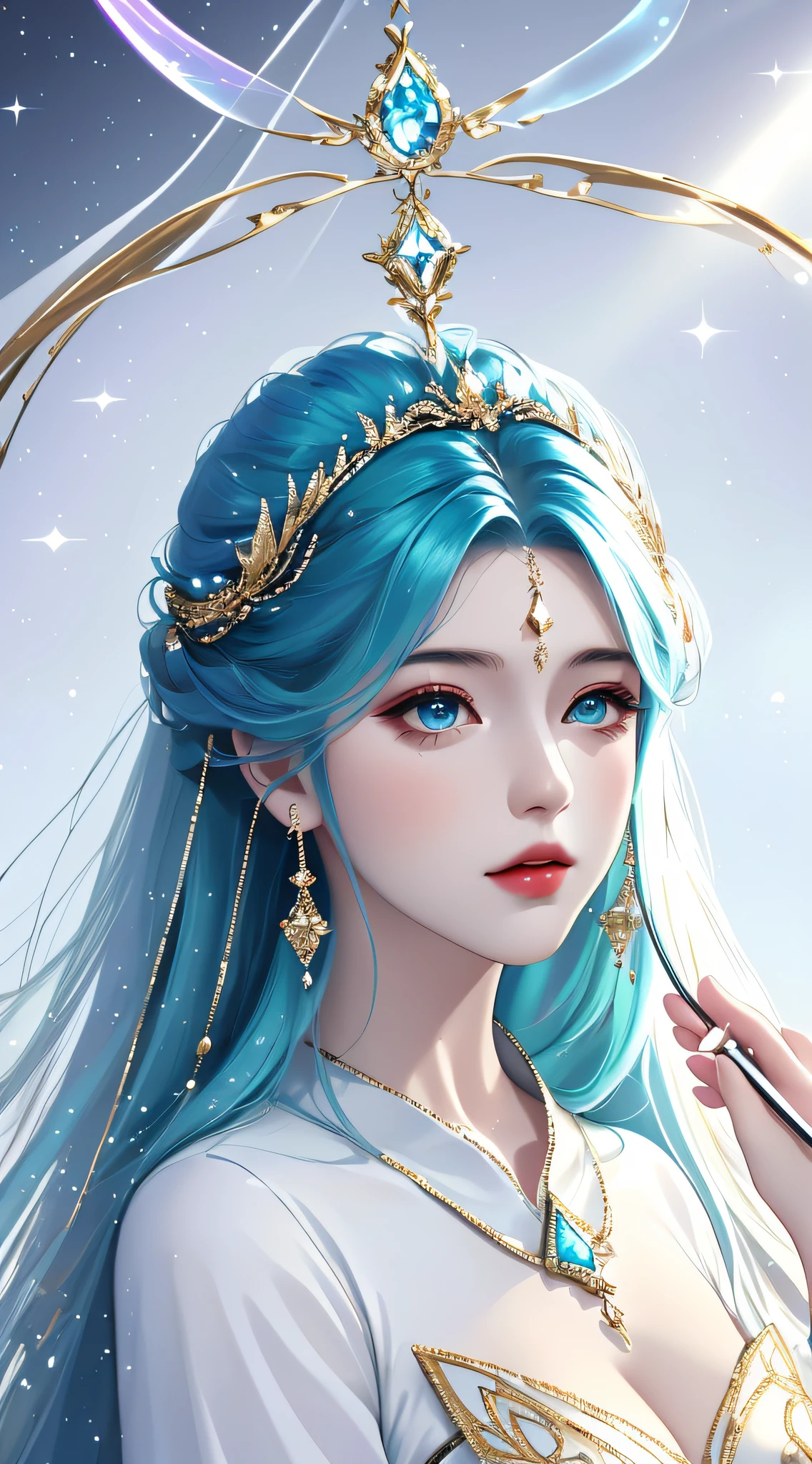 ((Masterpiece)), (Reality: 1.2), (Fantasy), Solo, (Very detailed wallpaper), Photographic reality, Very detailed illustration, (Ultra-complex details), Perfect detail features, Perfect details, (Best lighting), [(White background: 1.5)::5], (Bottle bottom: 0.9), 1 girl, Big breasts, medium shot, Full body, (This is a beautiful, otherworldly character with delicate facial features and exuding a mysterious aura.) She wore a long flowing gown made of shimmering silk that sparkled like starlight. Her hair was long and layered, dyed a soft pale blue, decorated with delicate flowers that seemed to bloom from her hair. Her eyes are deep and enchanting green with a faint glow that hints at magical powers. She wears a sparkling garland of gemstones on her head and holds a staff decorated with mysterious symbols that shines with an ethereal light. 4K Unity, Octane Rendering, Atmospheric 8K Ultra Detail, Amazing, Epic, Vivid, Stunning Art, Dreamy, Best Shadows, (Very Detailed CG Unity 8K wallpaper), Unreal Engine, Amazing Fine Detail and Brush Strokes, Smooth, HD Semi-Realistic Anime CG Concept Art Digital Painting, CG Painting, (Realistic: 1.1)