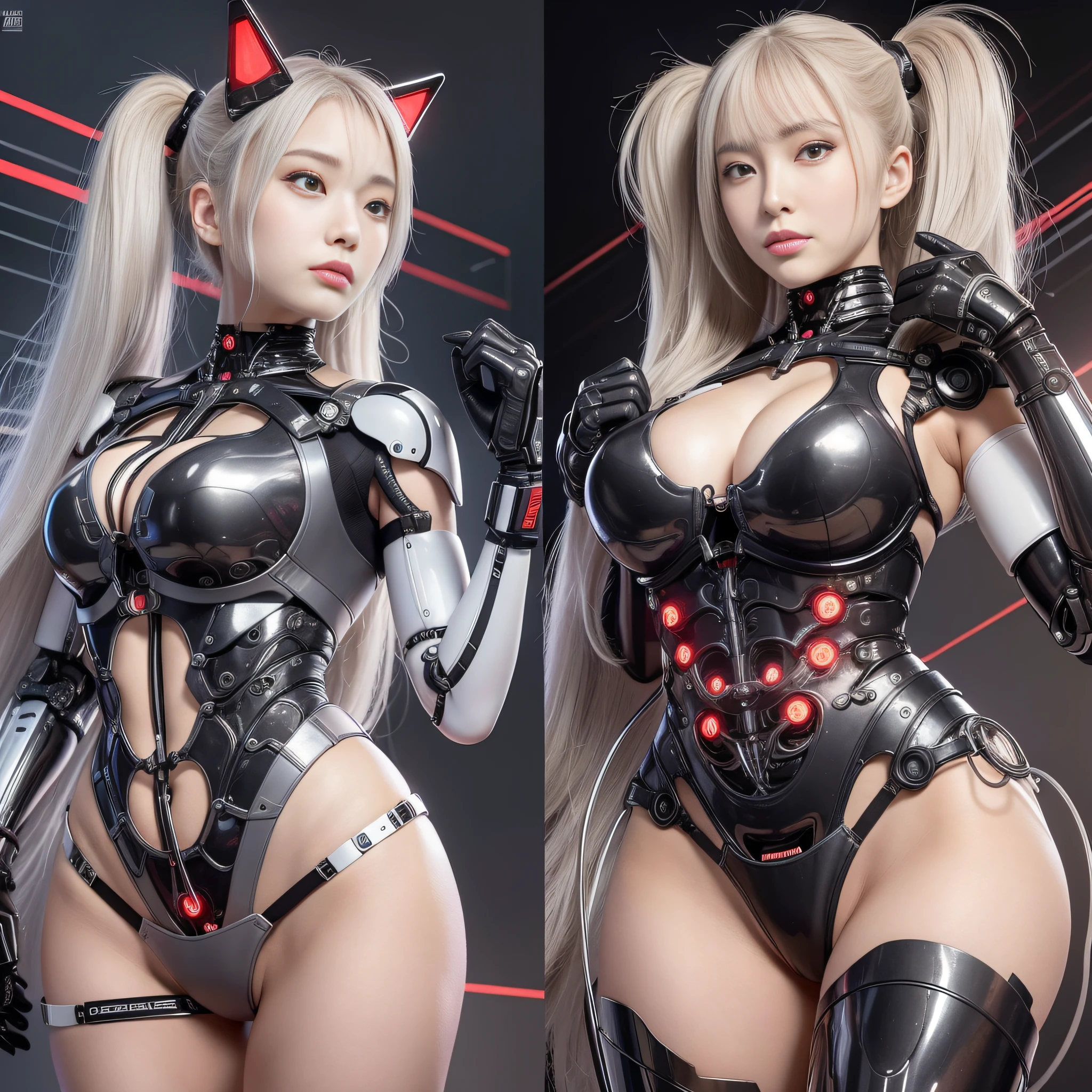 Beautiful Face,face is Japan, 1 Woman, Big, Curvaceous, (16k, RAW photo, top quality, masterpiece: 1.2), (HDR, Realistic, Photorealistic: 1.37) (tube attached to the body), (Bikini Cyborg robot parts)))), (light gray hair), Long hair, Wavy hair, Twin tails, Medium shot, ( Seductive smile)), (black eyes), princess cut,from below,(whole body),posing,,in the lab,( tube connected to blood vessel),((mechanical vertebrae attached to the back)),((mechanical neck attached to the neck)),(wire cable attached to the head and body),(character focus),science fiction,perfect female figure,perfect anatomy,ultraanatomy, Full body shot, up to 4 fingers and 1 thumb relationship,