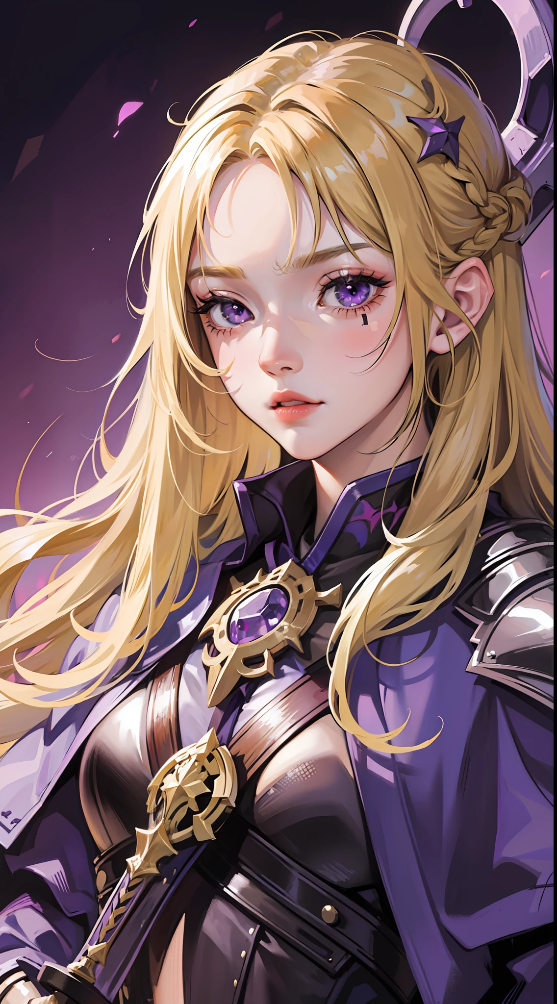 Young girl, long blonde hair, purple eyes, scar on her face, heavy fantasy armor, raincoat, serious look sword, masterpiece, high quality